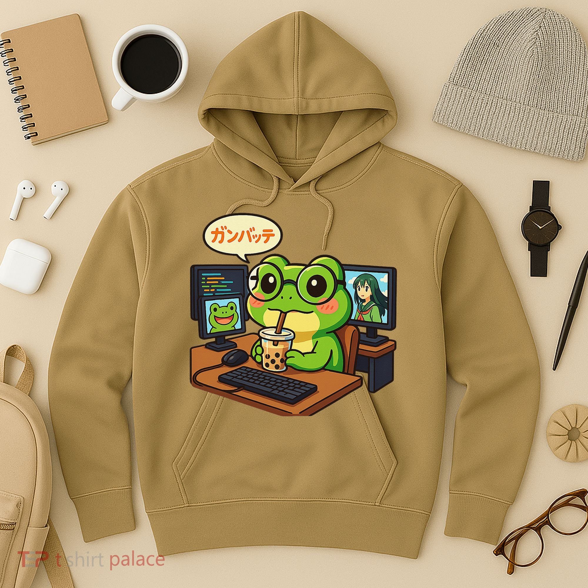 Anime Frog IT Geek Otaku Coding Desk Boba Lover Gift Hoodie