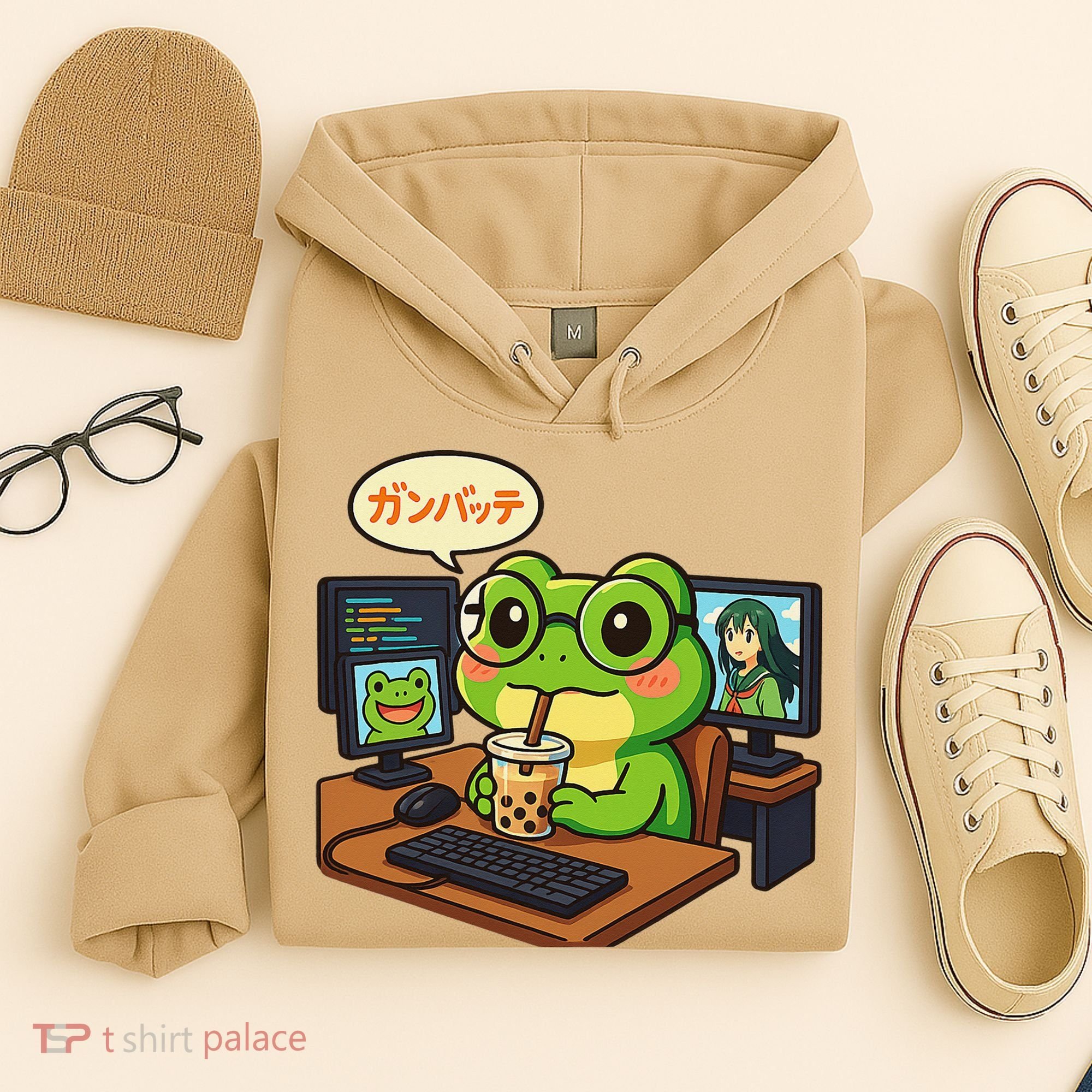 Anime Frog IT Geek Otaku Coding Desk Boba Lover Gift Hoodie