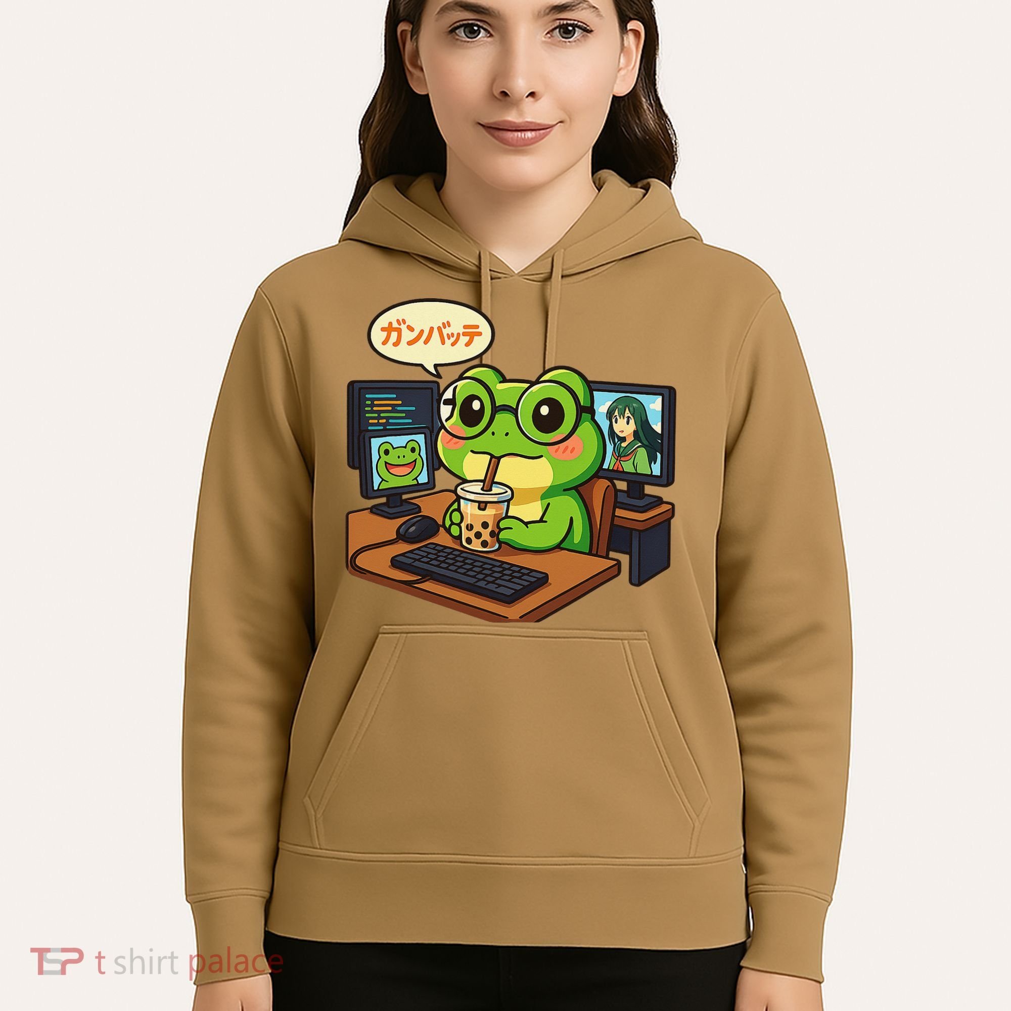Anime Frog IT Geek Otaku Coding Desk Boba Lover Gift Hoodie