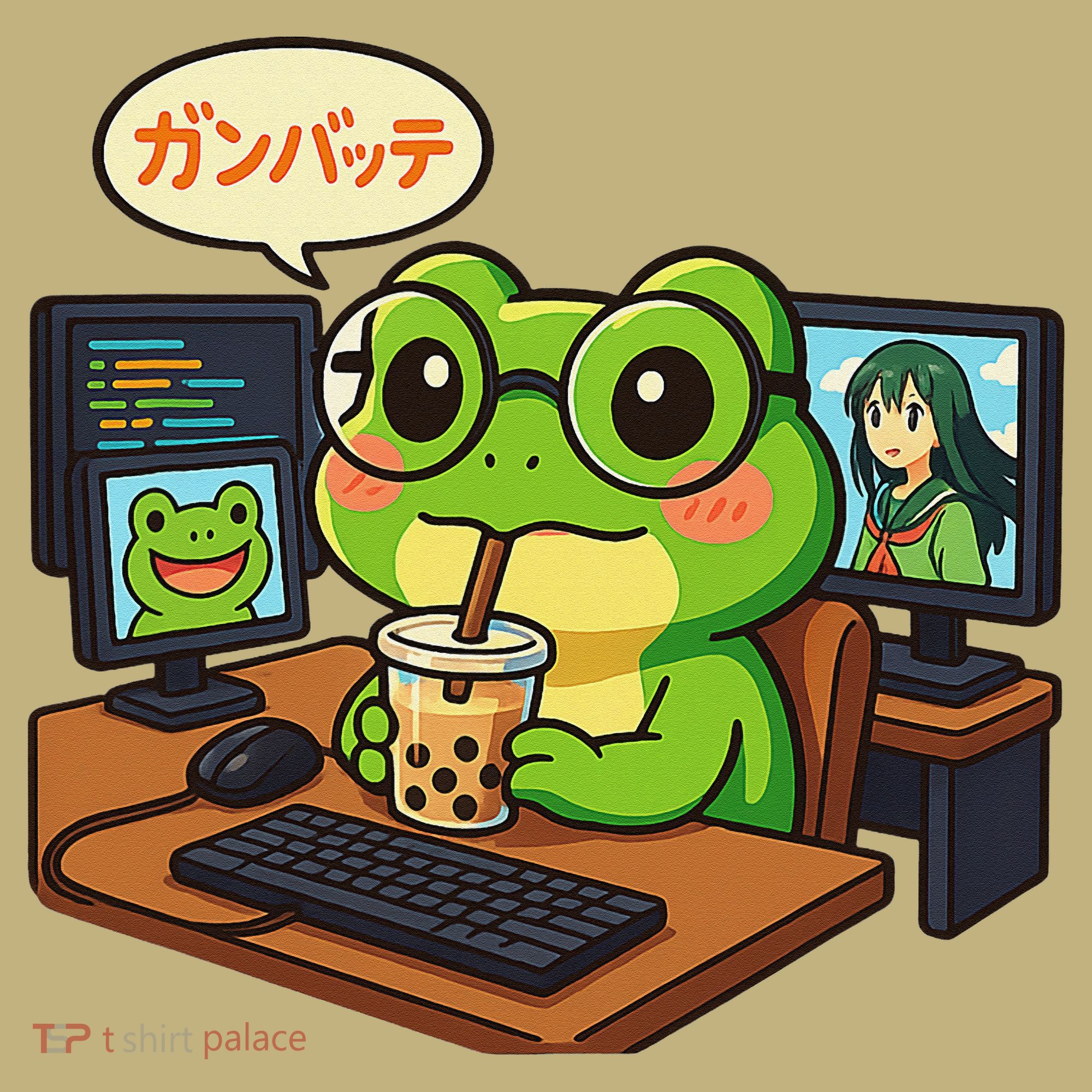 Anime Frog IT Geek Otaku Coding Desk Boba Lover Gift Hoodie