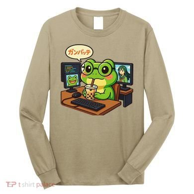 Anime Frog IT Geek Otaku Coding Desk Boba Lover Gift Long Sleeve Shirt