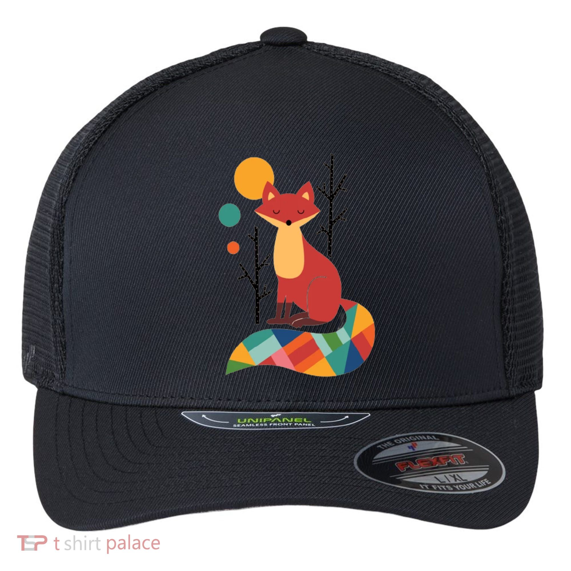 Abstract Fox Illustration Pattern Flexfit Unipanel Trucker Cap