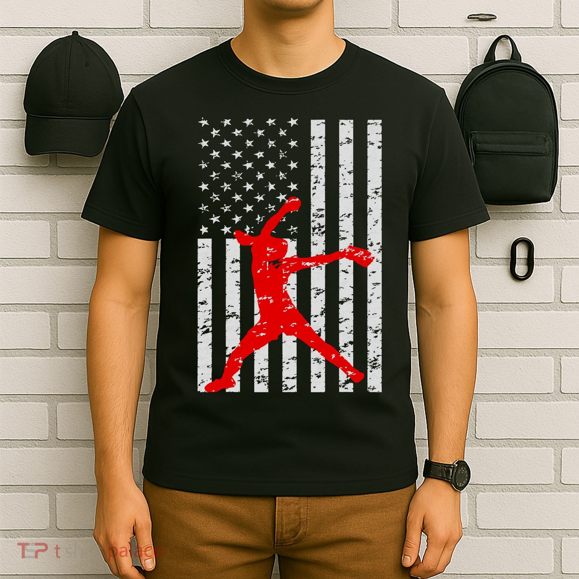 American Flag Love Softball Fastpitch Pitcher Gifts T-Shirt