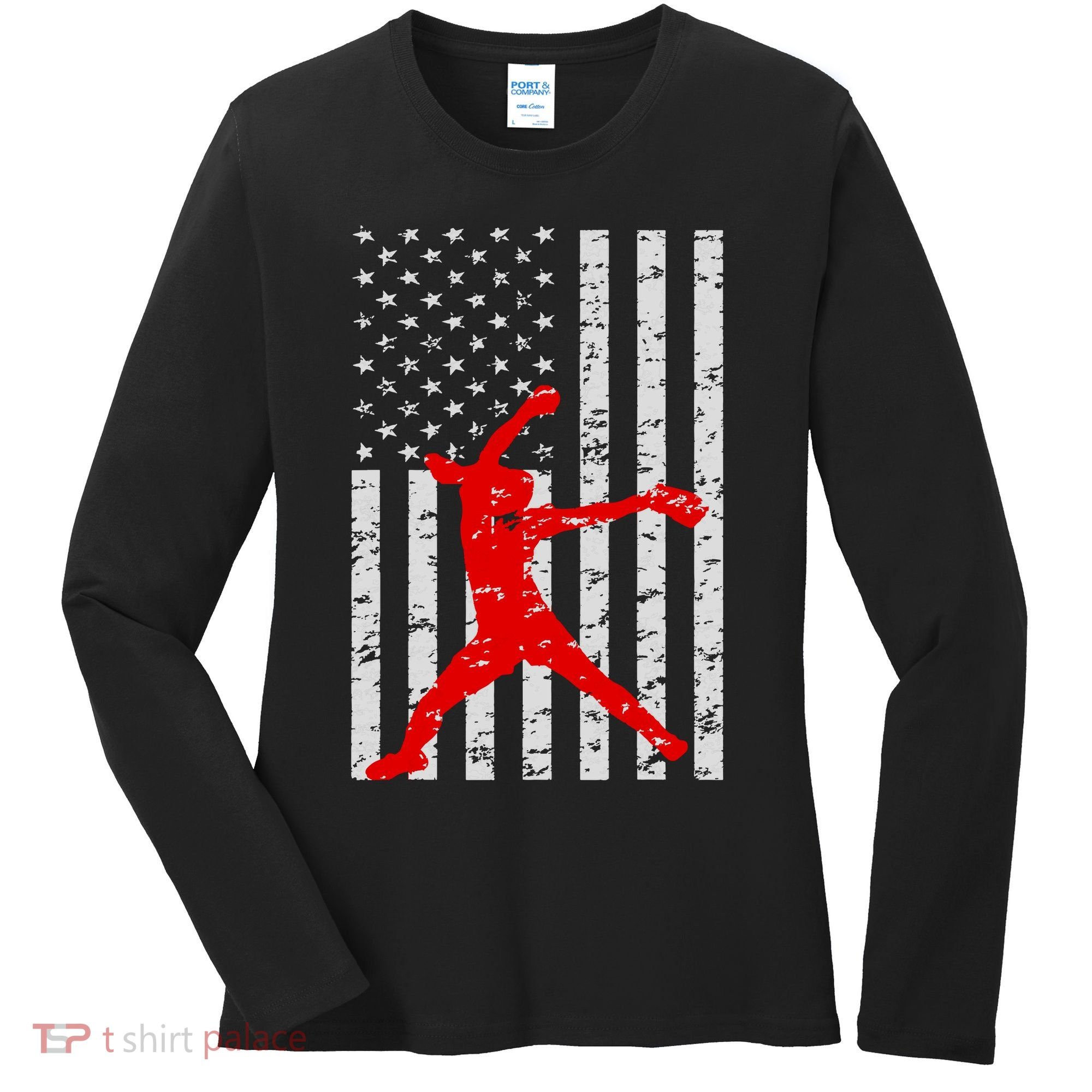 American Flag Love Softball Fastpitch Pitcher Gifts Women's Long Sleeve Shirt