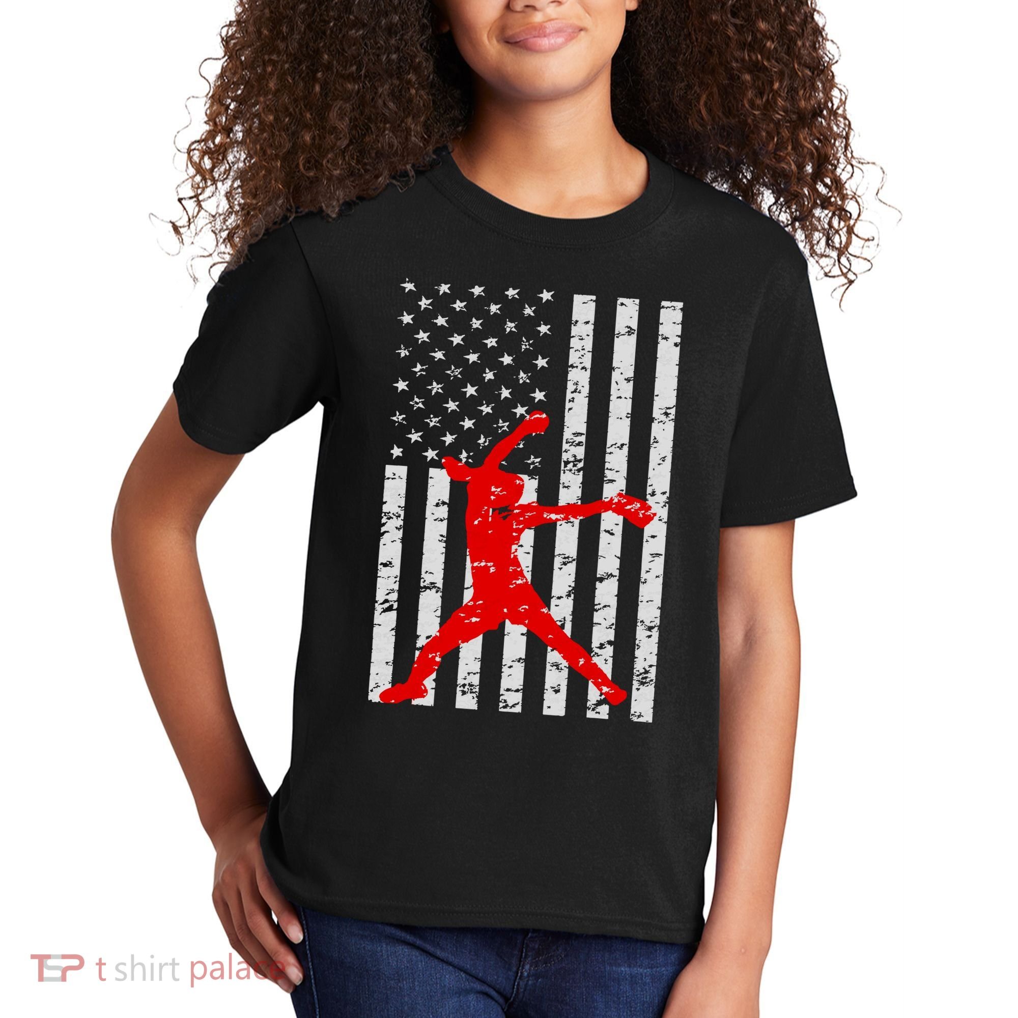 American Flag Love Softball Fastpitch Pitcher Gifts Kids T-Shirt