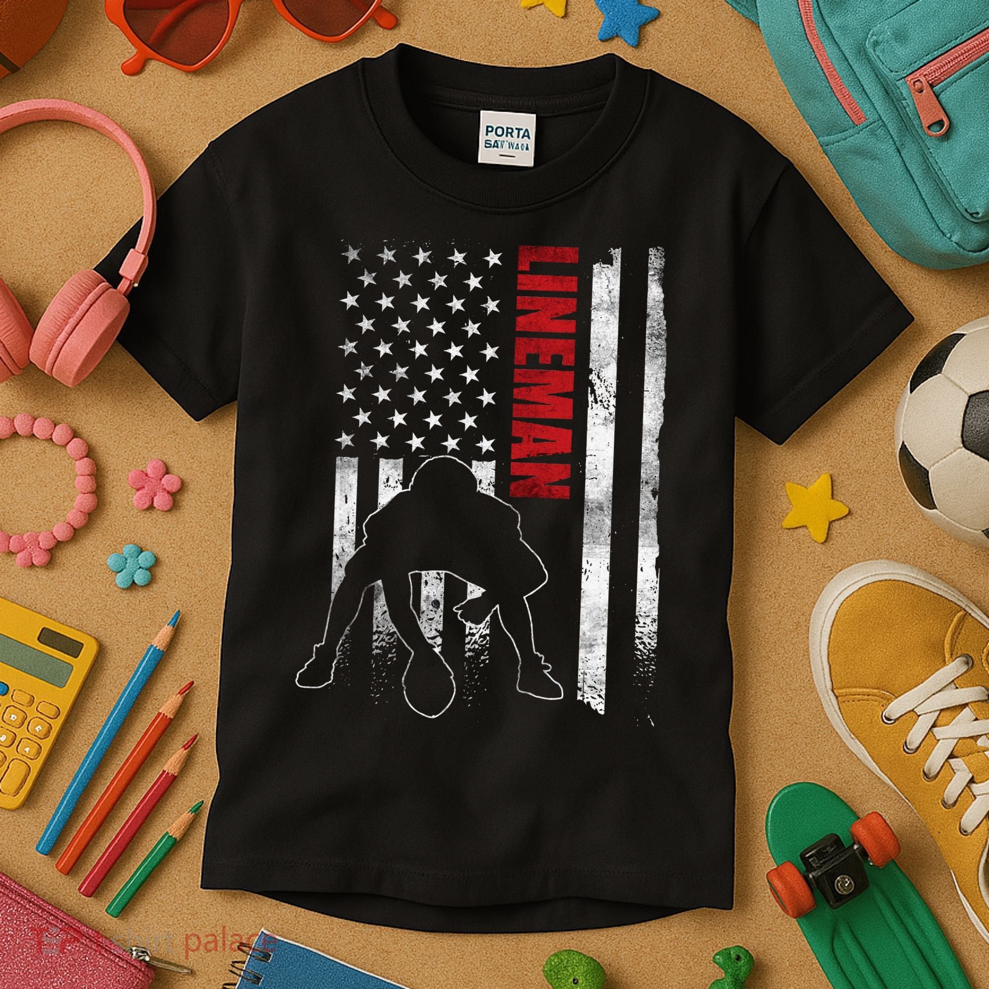 American Football Lineman Offensive Player Apparel Us Flag Kids T-Shirt