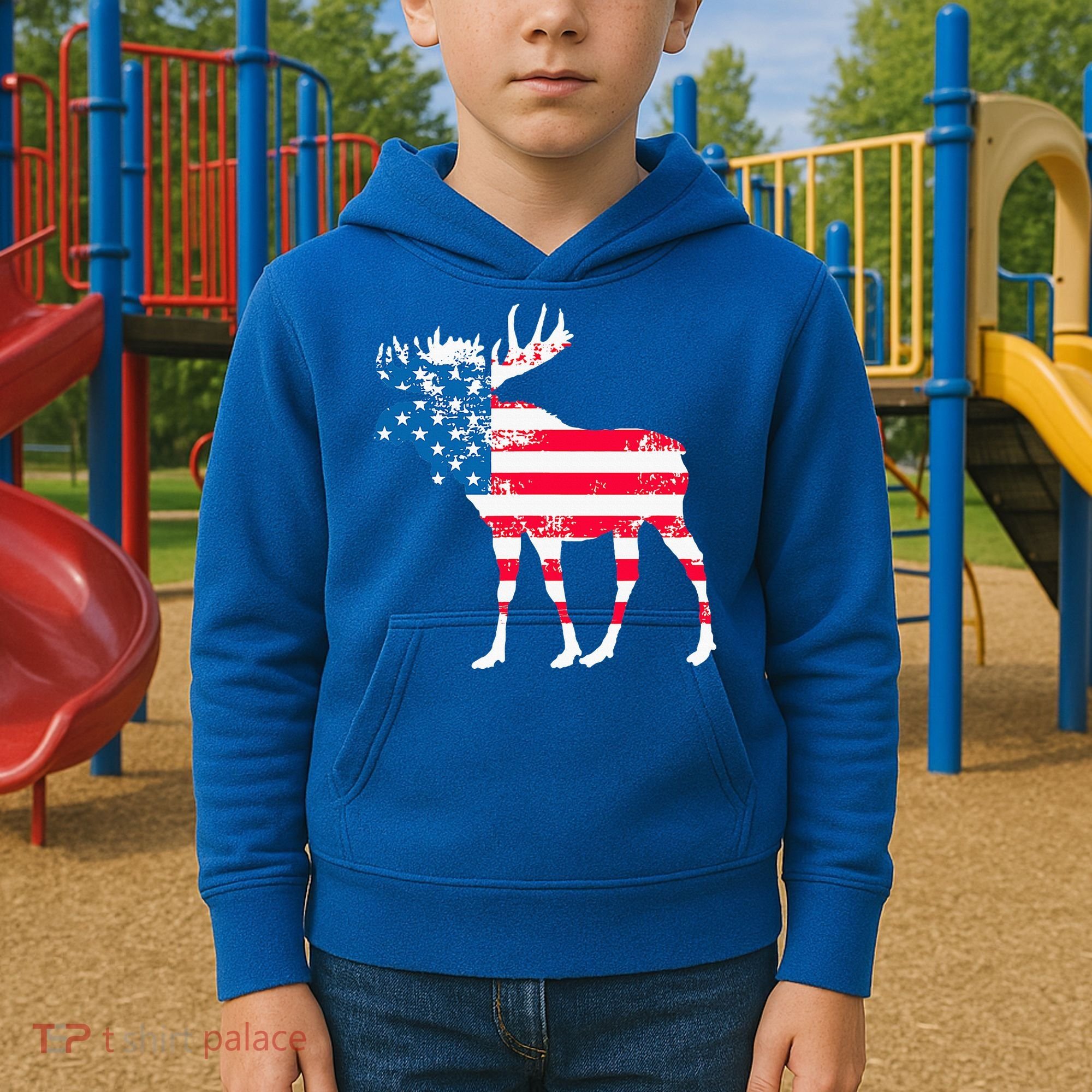American Flag Moose Patriotic Moose Kids Hoodie