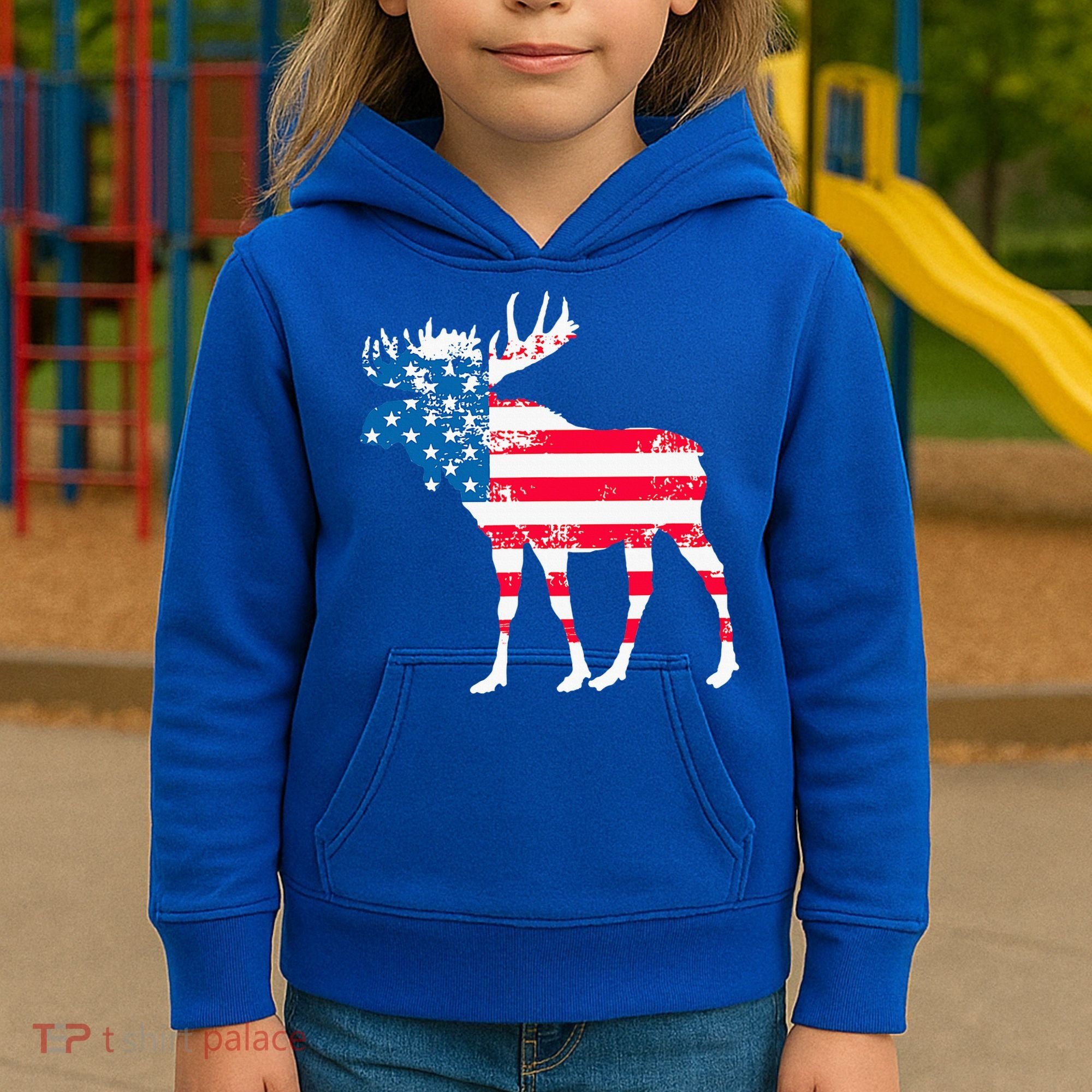 American Flag Moose Patriotic Moose Kids Hoodie
