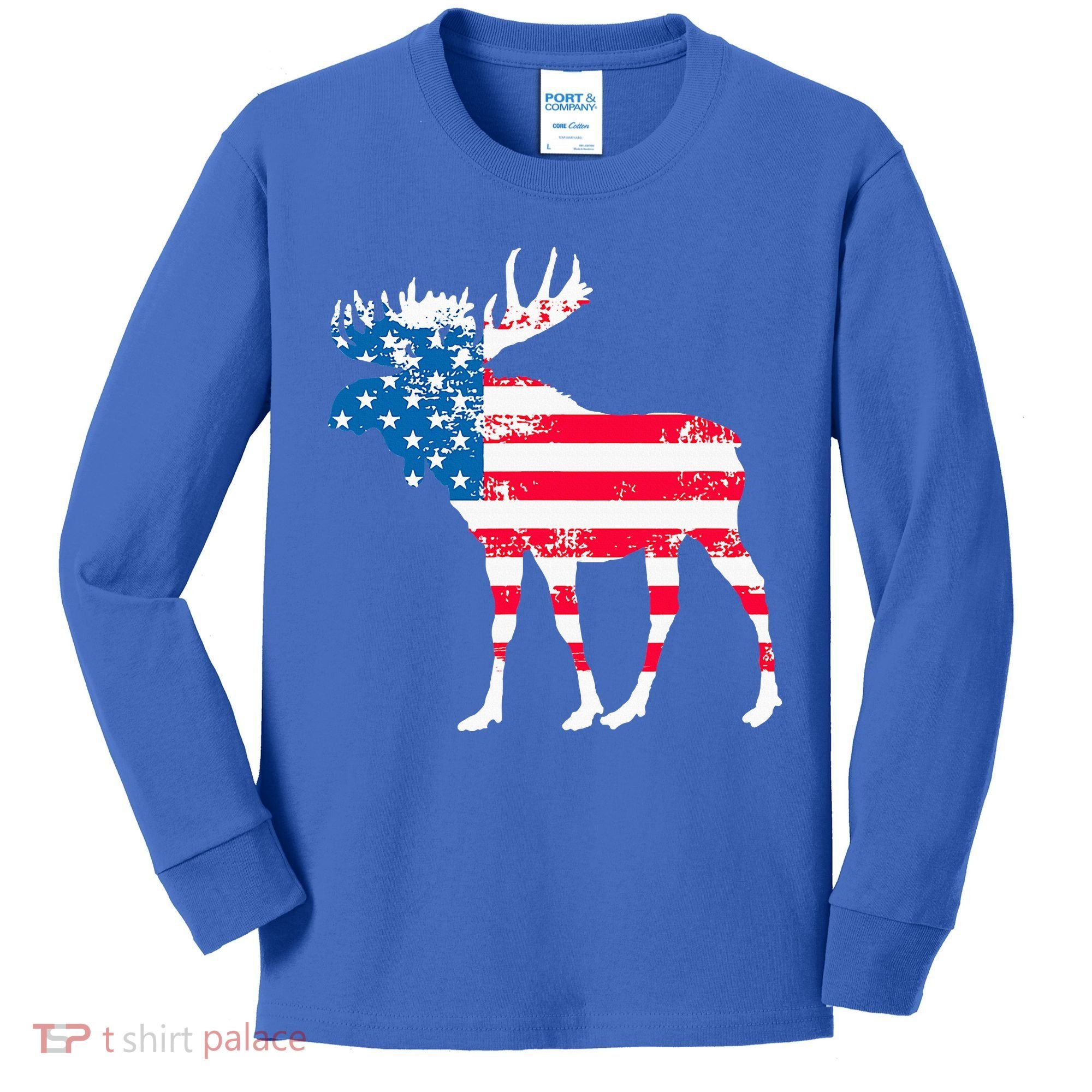 American Flag Moose Patriotic Moose Kids Long Sleeve Shirt