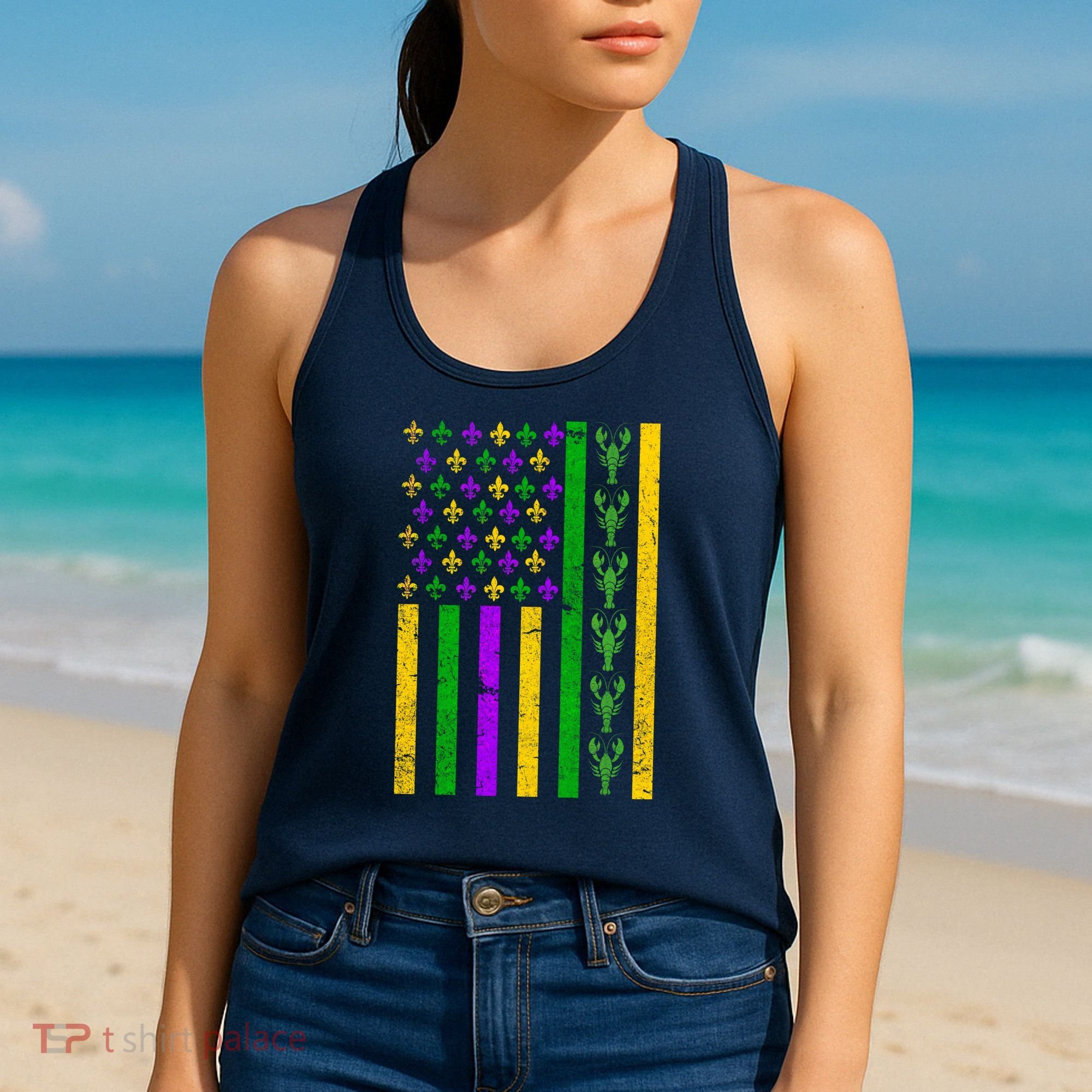 American Flag Mardi Gras Tshirt Mardi Gras Crawfish Women's Tank Top