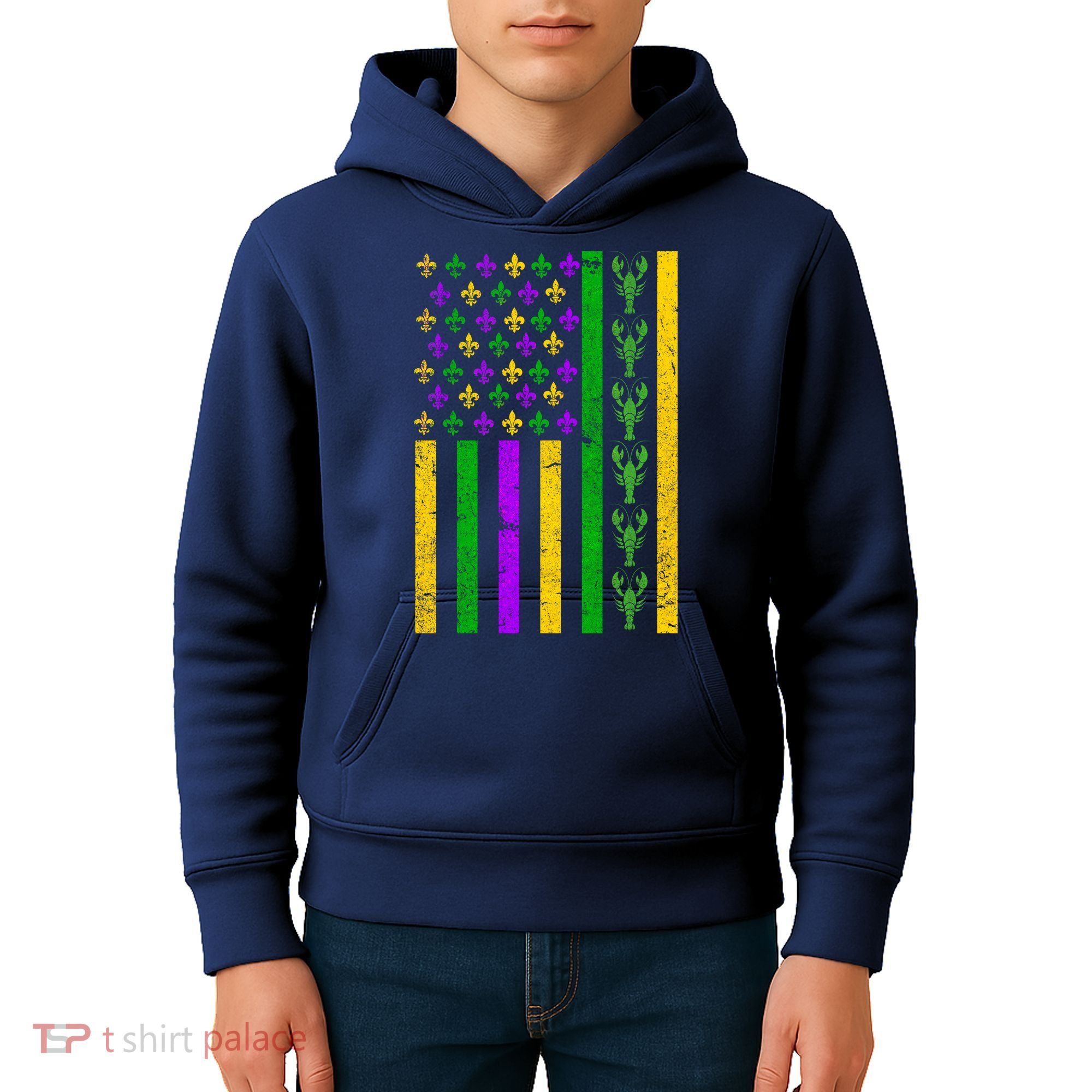 American Flag Mardi Gras Tshirt Mardi Gras Crawfish Kids Hoodie