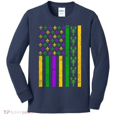 American Flag Mardi Gras Tshirt Mardi Gras Crawfish Kids Long Sleeve Shirt
