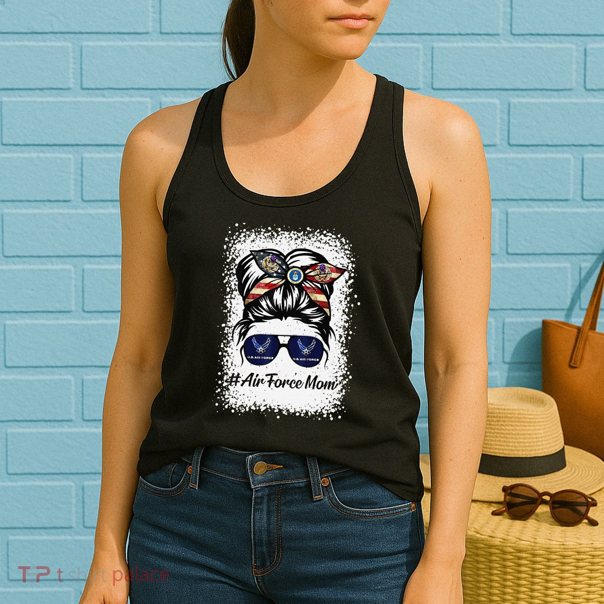 Air Force Mom Messy Bun Sunglasses Military Mom Mother's Day Cute Women's Tank Top