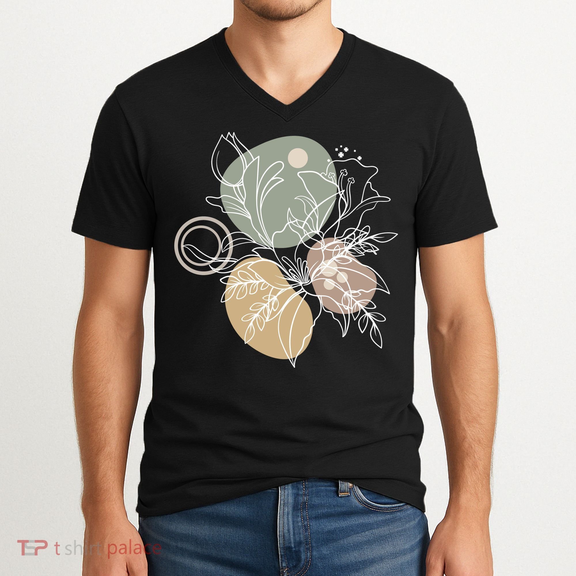 Abstract Floral Modern Botanical V-Neck T-Shirt