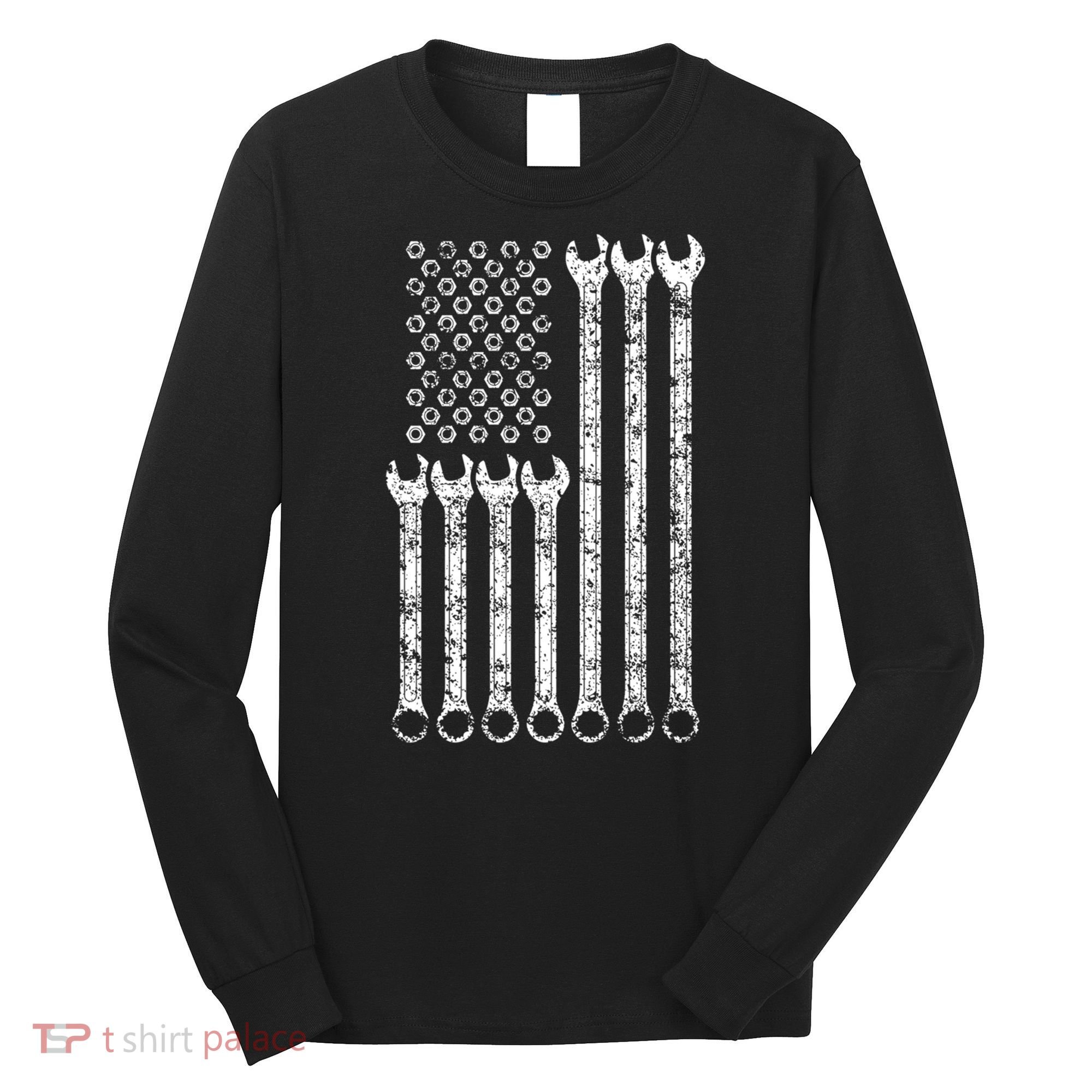 American Flag Mechanic Wrench Gift Mens Womens Long Sleeve Shirt