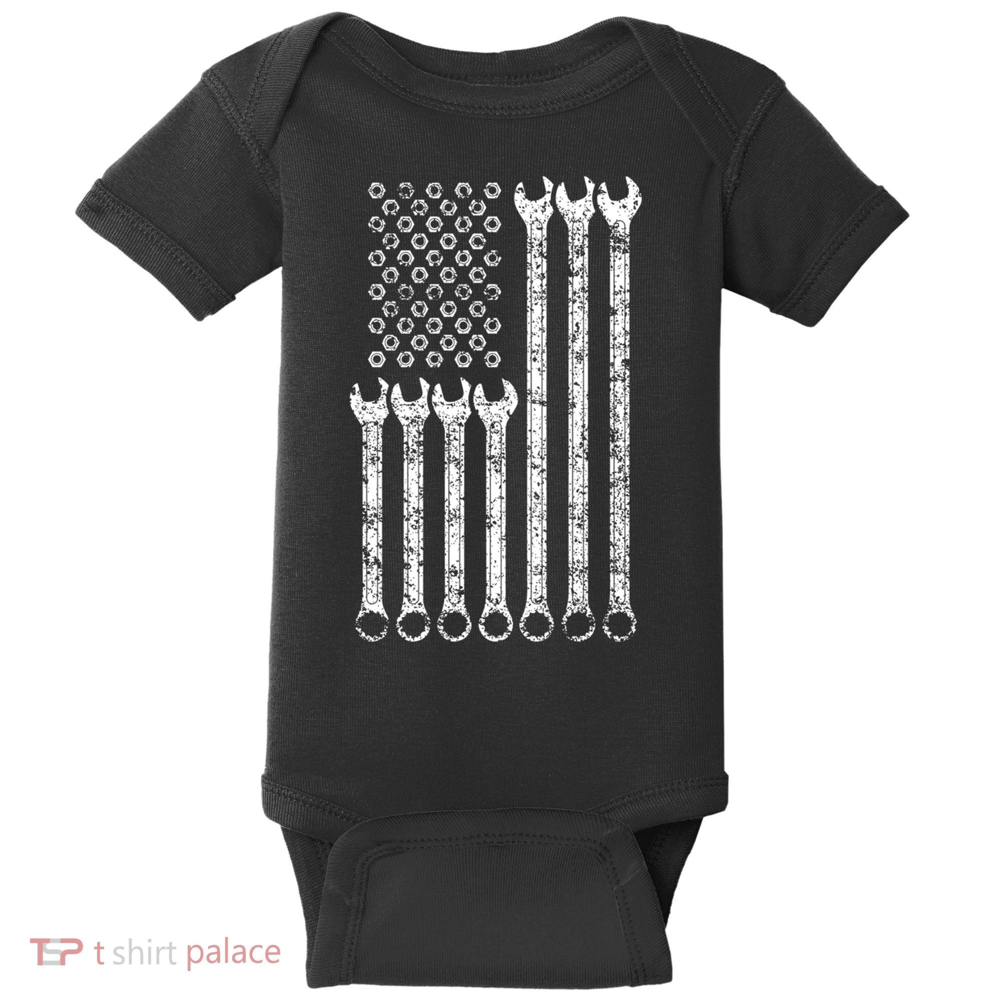 American Flag Mechanic Wrench Gift Mens Womens Baby Bodysuit