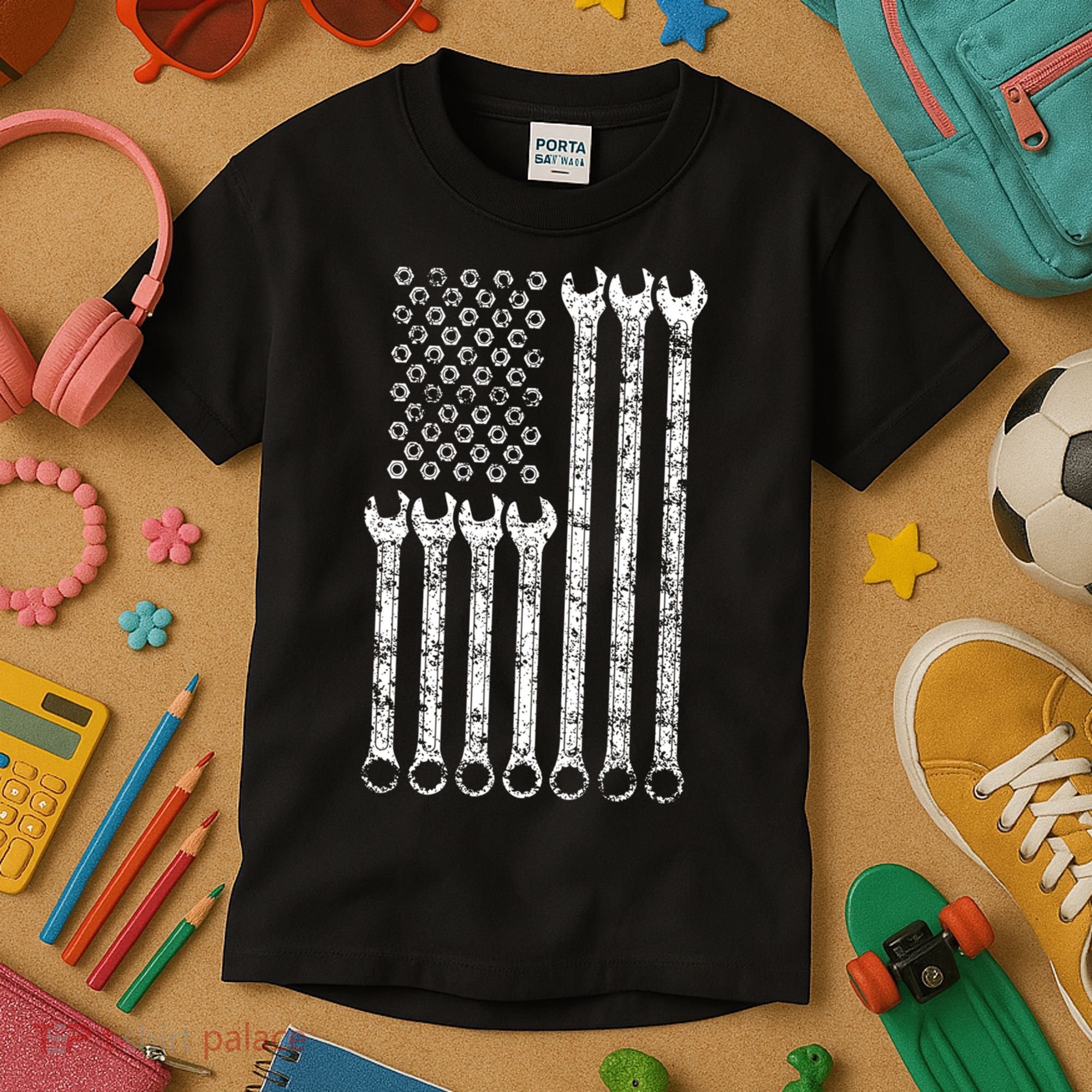 American Flag Mechanic Wrench Gift Mens Womens Kids T-Shirt