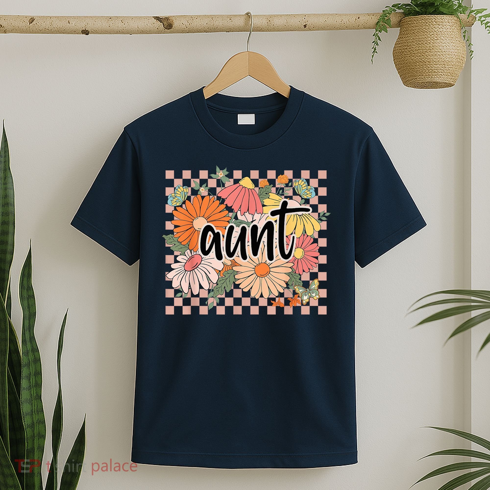 Aunt Floral Mother'S Day Wildflower Girl Checkered T-Shirt