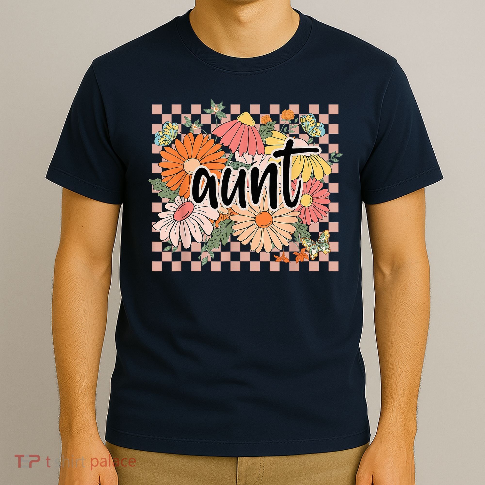 Aunt Floral Mother'S Day Wildflower Girl Checkered T-Shirt