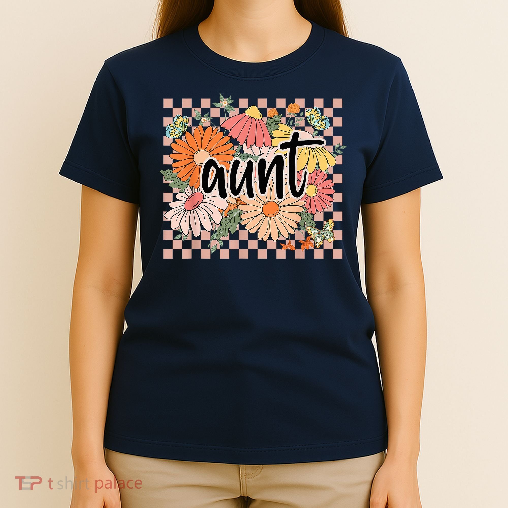 Aunt Floral Mother'S Day Wildflower Girl Checkered T-Shirt