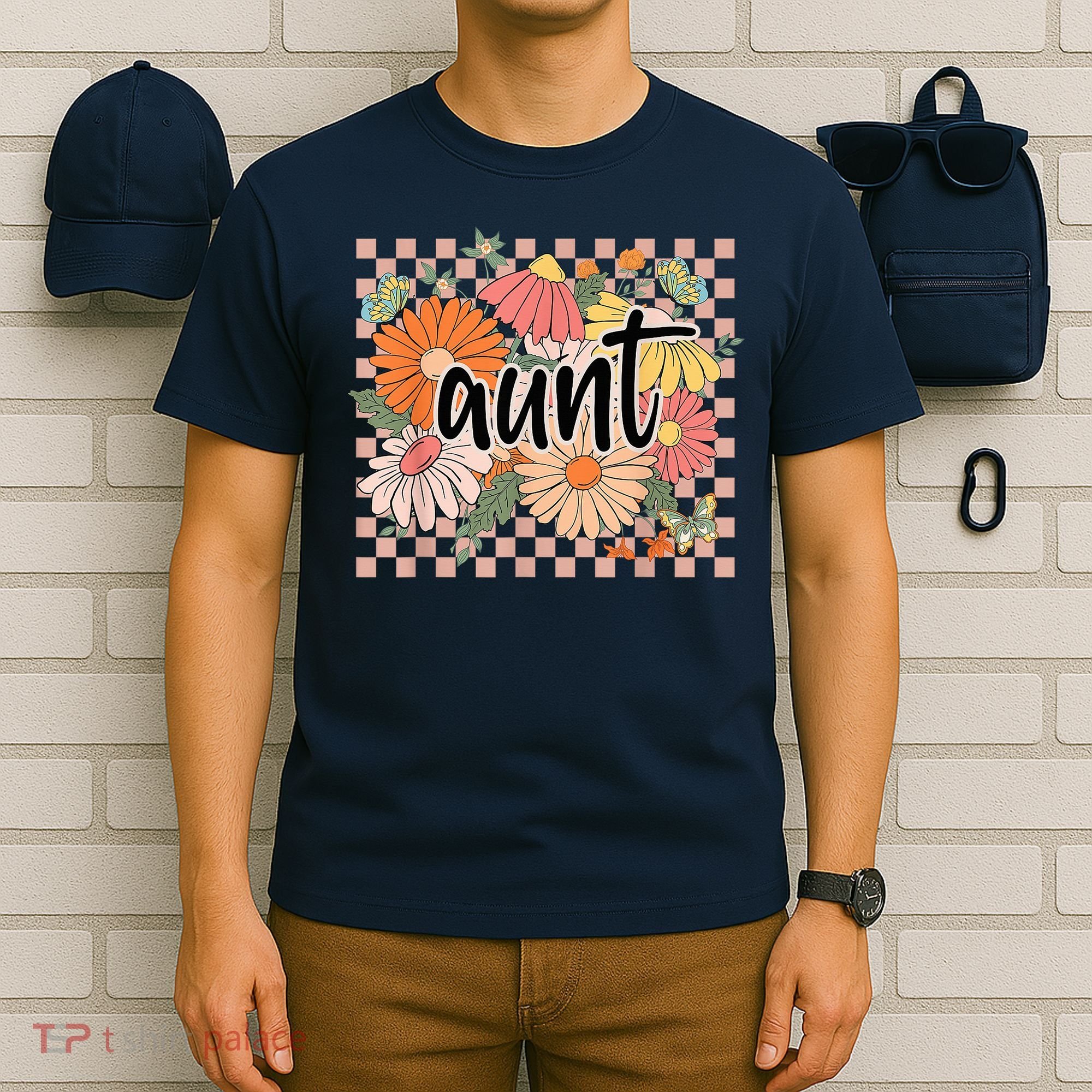 Aunt Floral Mother'S Day Wildflower Girl Checkered T-Shirt