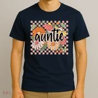 Auntie Floral Mother'S Day Wildflower Girl Checkered T-Shirt thumb 3