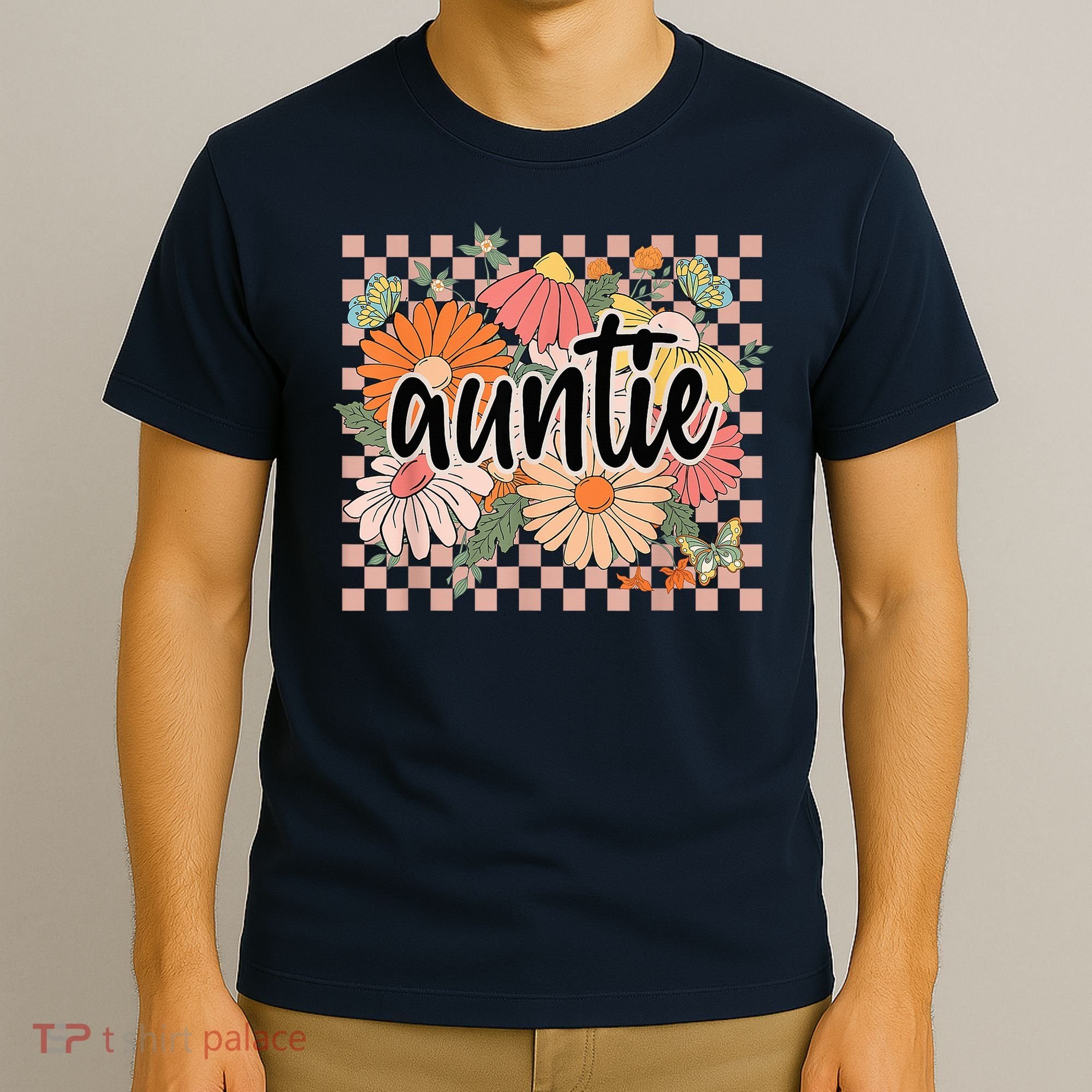 Auntie Floral Mother'S Day Wildflower Girl Checkered T-Shirt