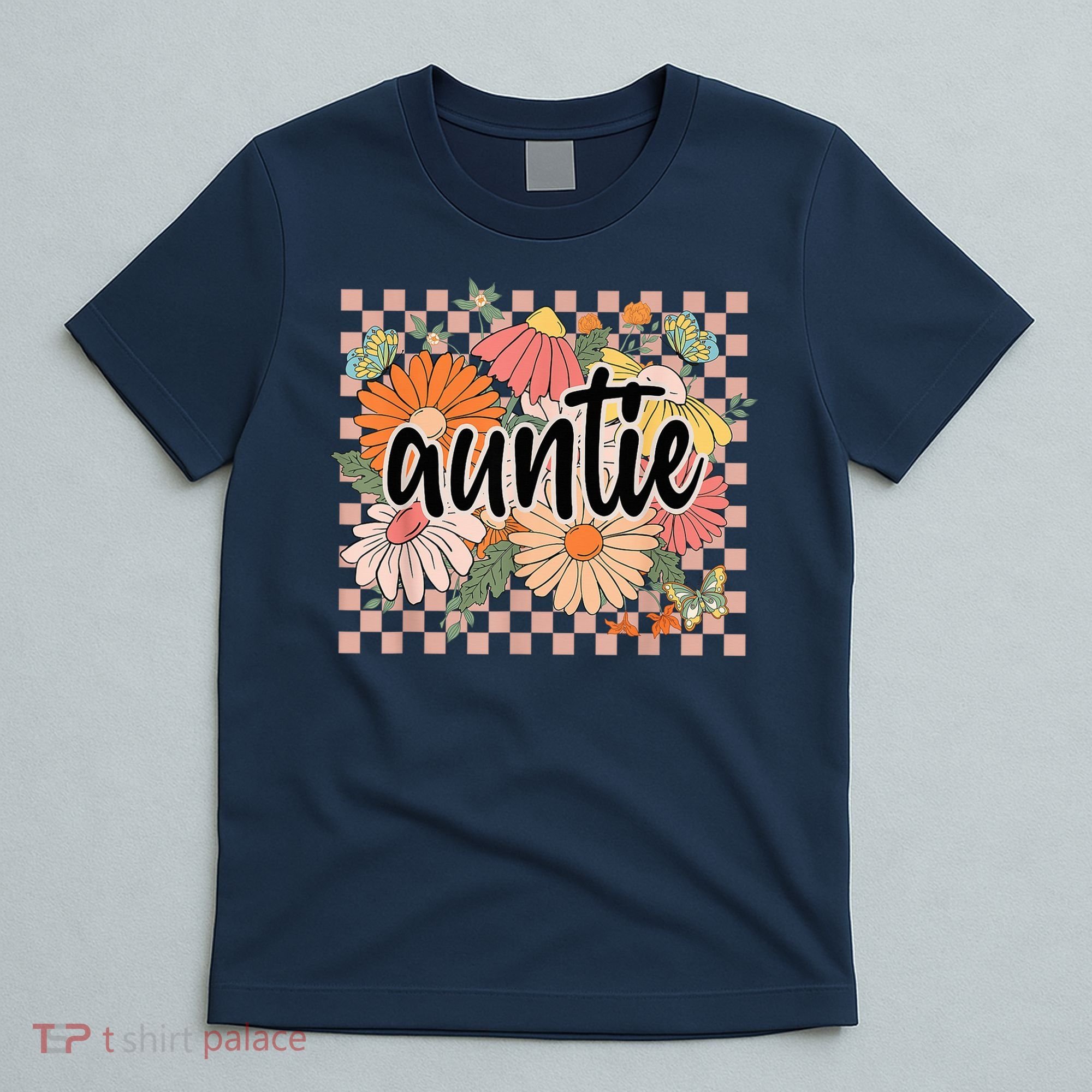 Auntie Floral Mother'S Day Wildflower Girl Checkered T-Shirt