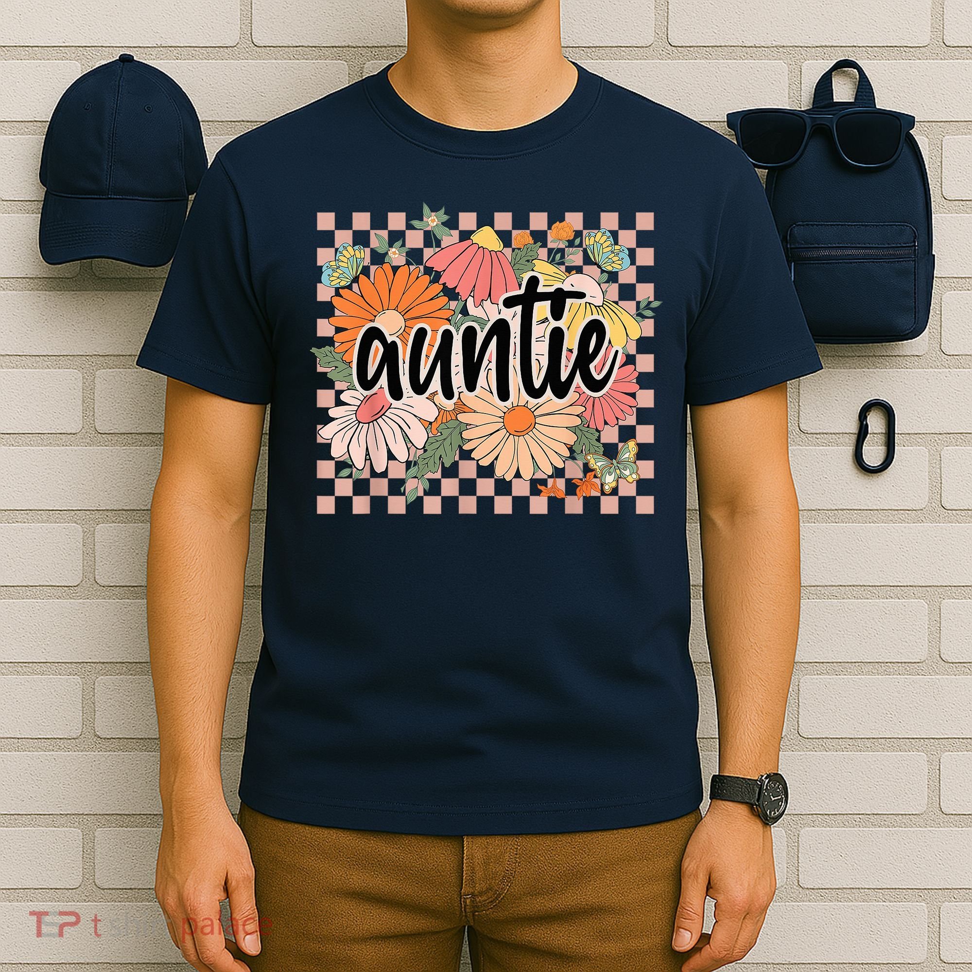 Auntie Floral Mother'S Day Wildflower Girl Checkered T-Shirt