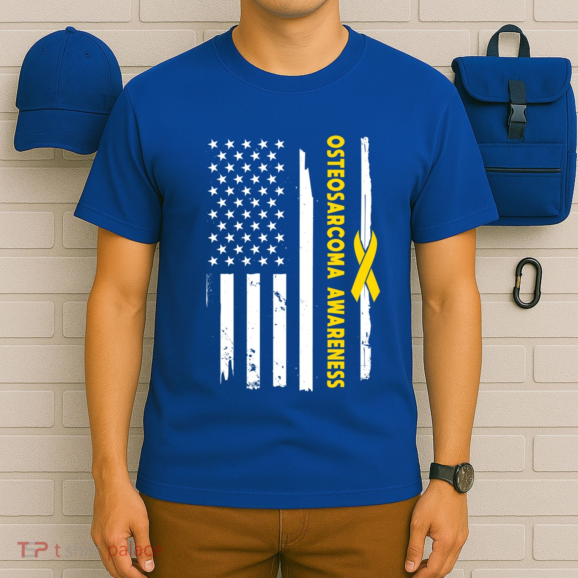 American Flag Osteosarcoma Awareness Wear Yellow Ribbon Usa Gift T-Shirt