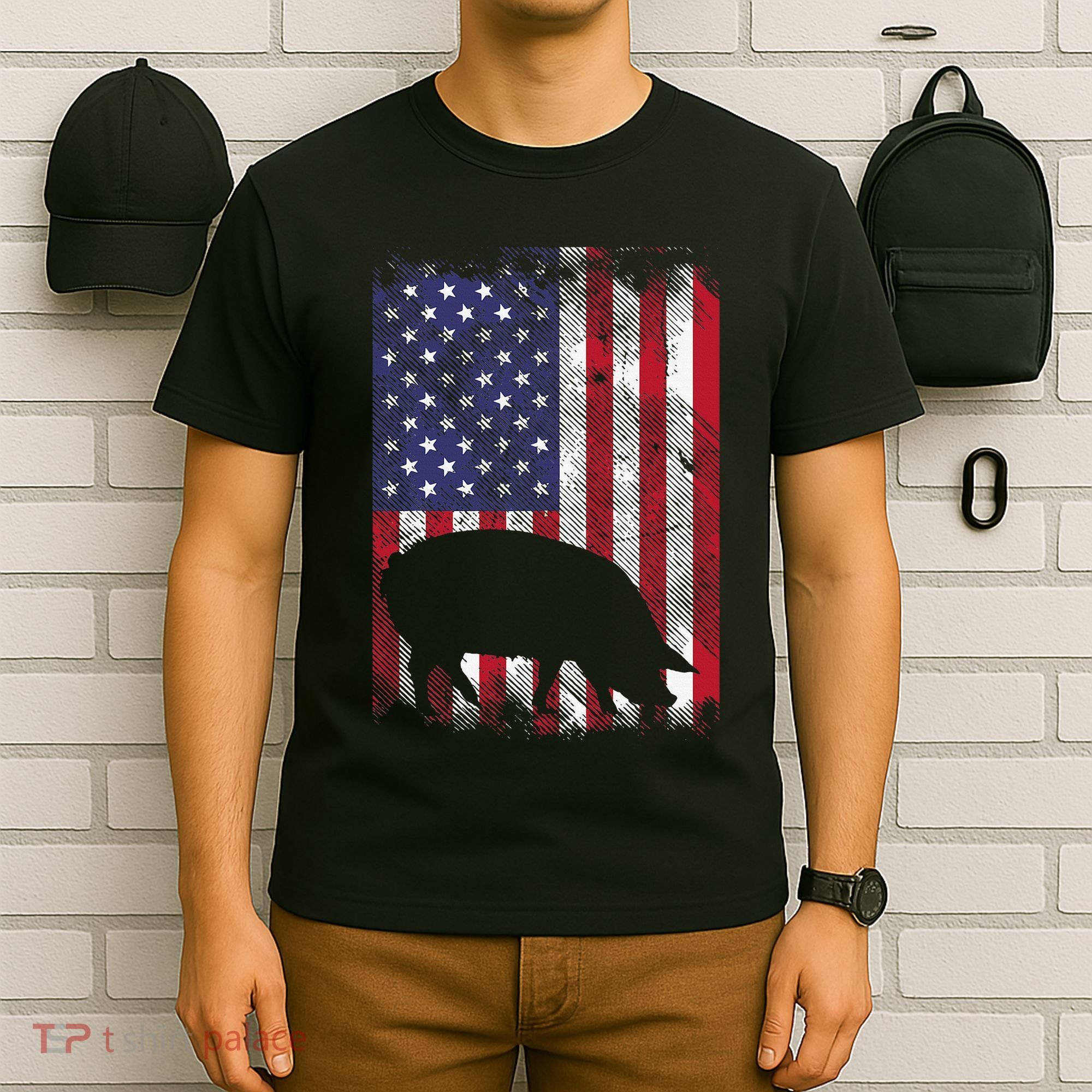 American Flag Pig Vintage Farm Animal Patriotic Farmer Gift T-Shirt