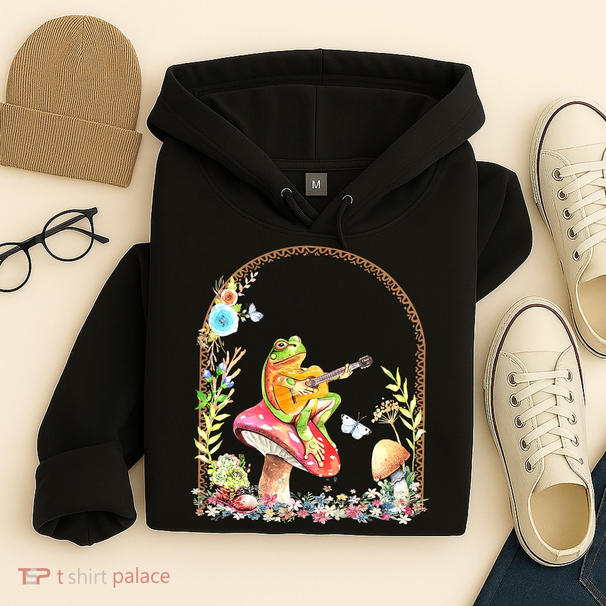 Aesthetic Frog Playing Guitar Mushroom Goblincore Hoodie