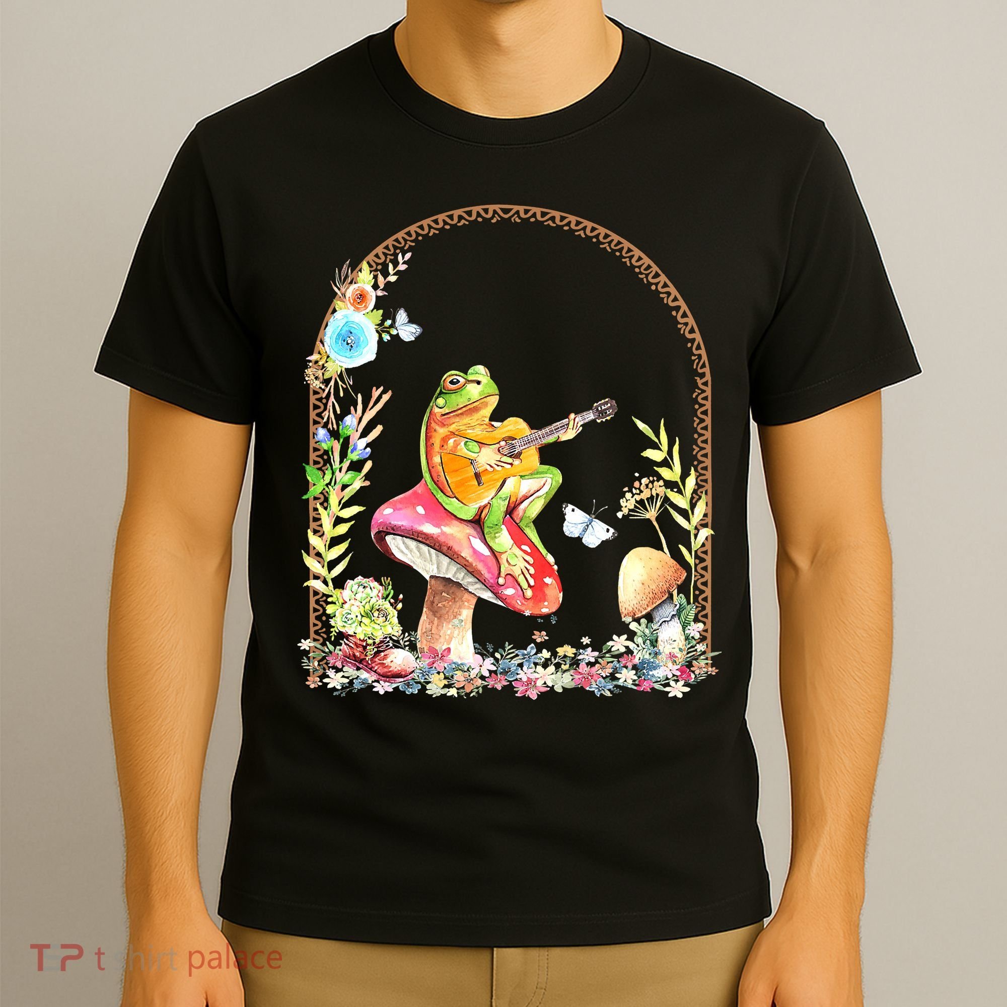 Aesthetic Frog Playing Guitar Mushroom Goblincore T-Shirt
