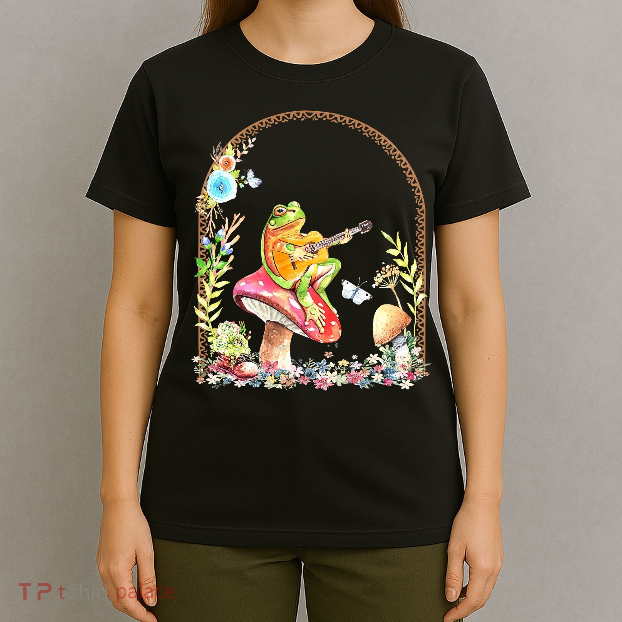 Aesthetic Frog Playing Guitar Mushroom Goblincore T-Shirt