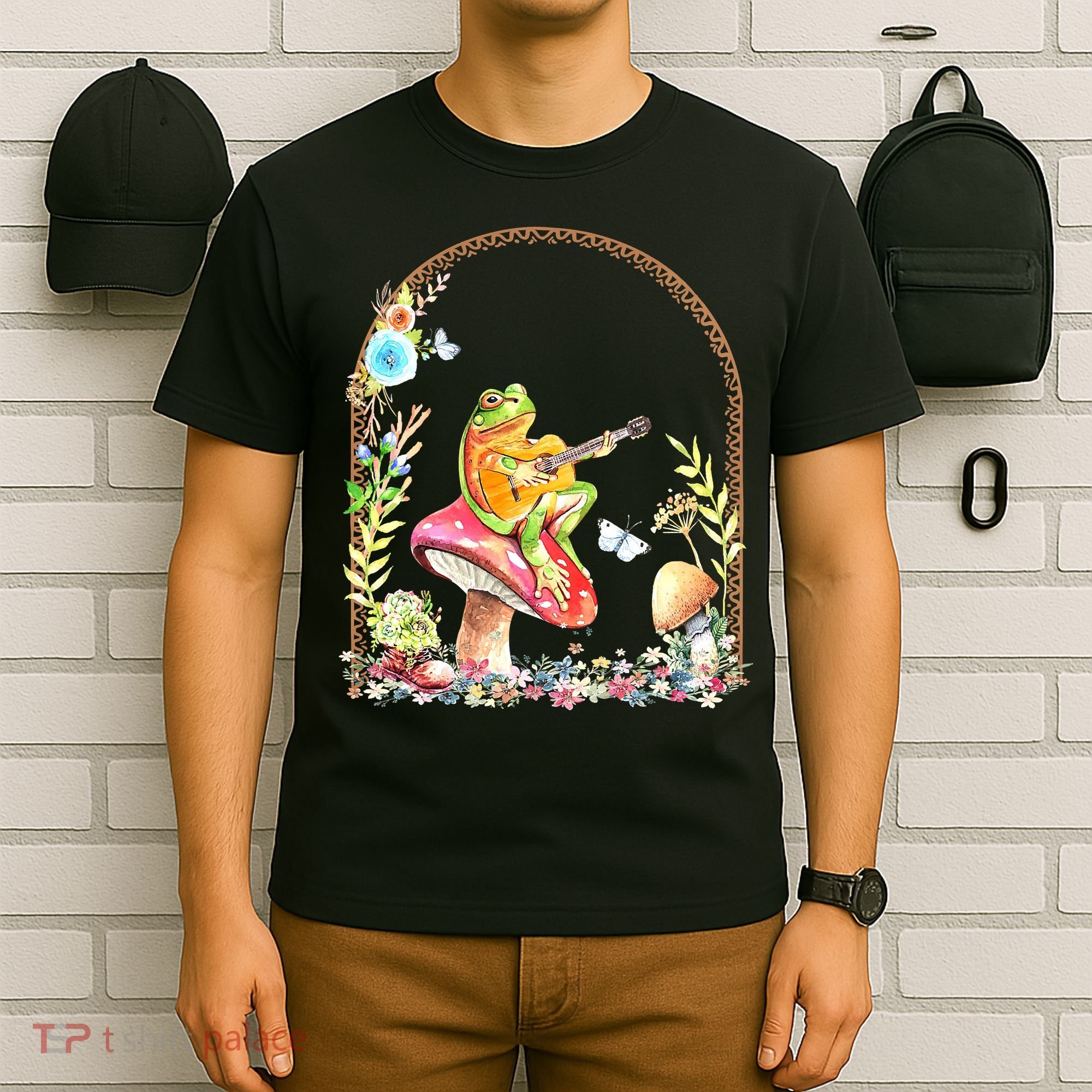 Aesthetic Frog Playing Guitar Mushroom Goblincore T-Shirt