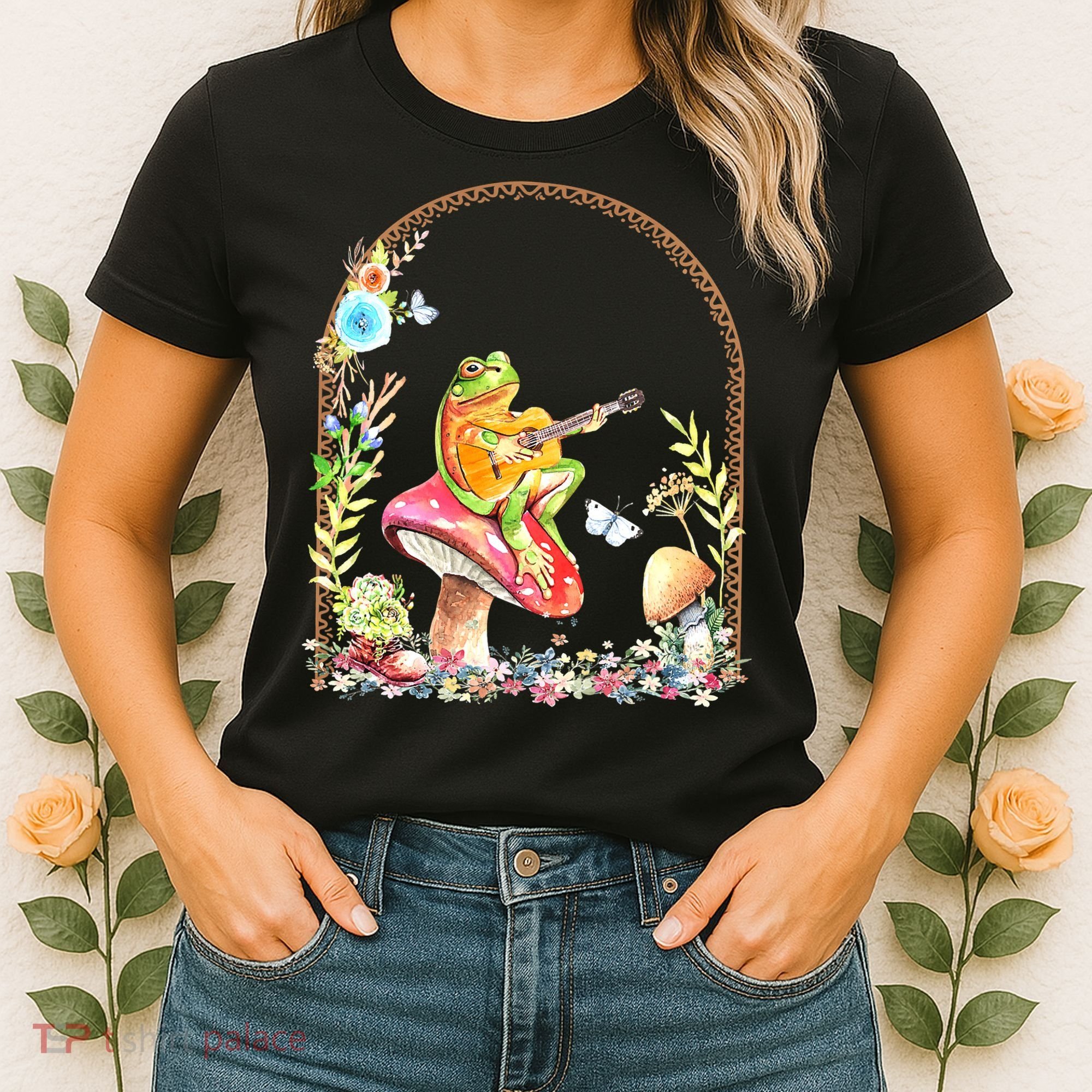 Aesthetic Frog Playing Guitar Mushroom Goblincore Women's T-Shirt