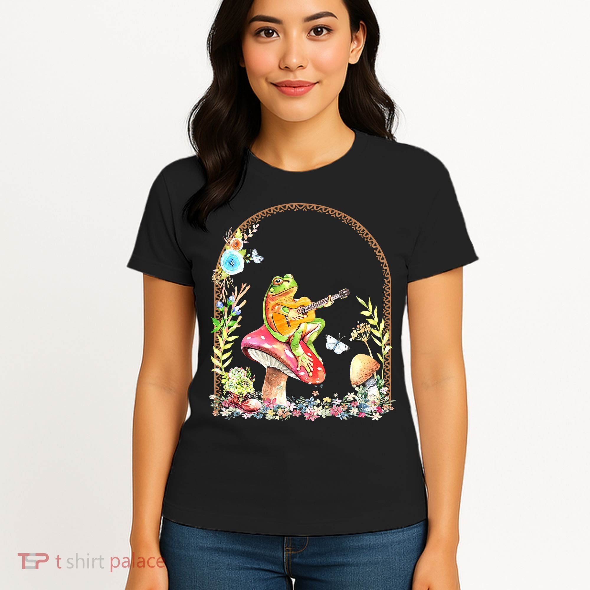 Aesthetic Frog Playing Guitar Mushroom Goblincore Women's T-Shirt