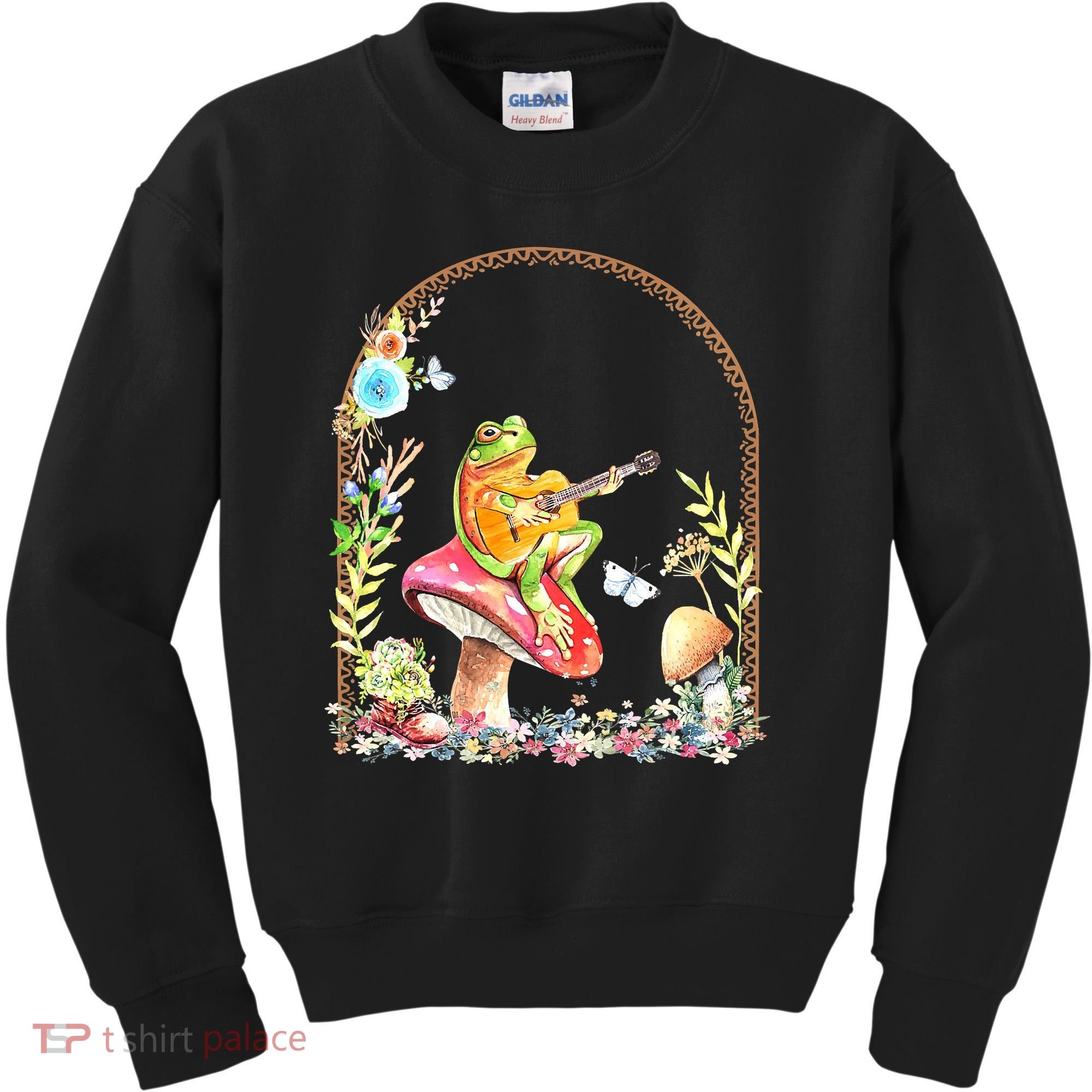 Aesthetic Frog Playing Guitar Mushroom Goblincore Kids Sweatshirt