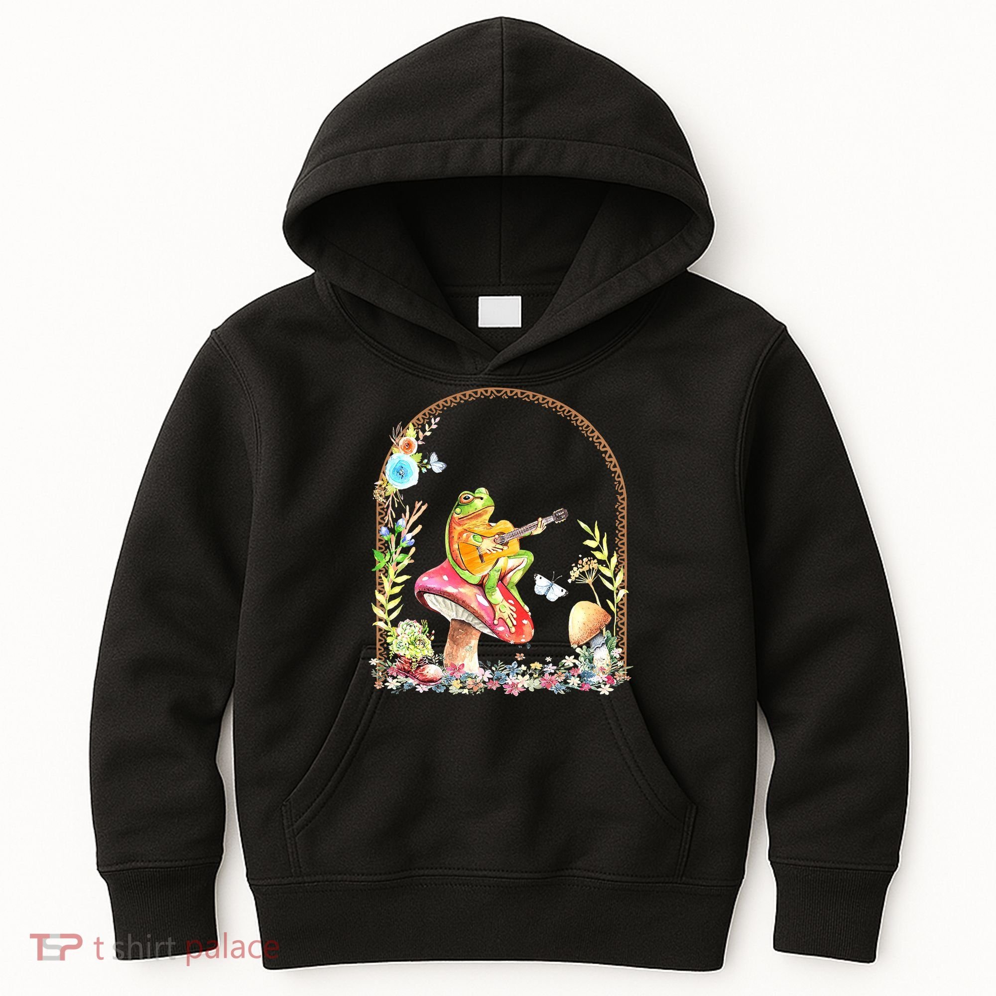 Aesthetic Frog Playing Guitar Mushroom Goblincore Kids Hoodie