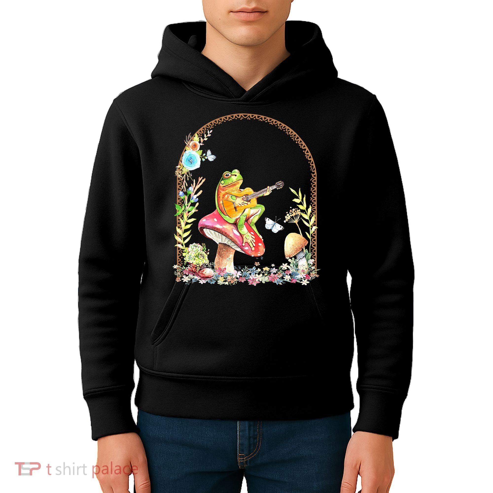 Aesthetic Frog Playing Guitar Mushroom Goblincore Kids Hoodie
