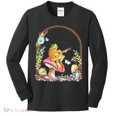 Aesthetic Frog Playing Guitar Mushroom Goblincore Kids Long Sleeve Shirt