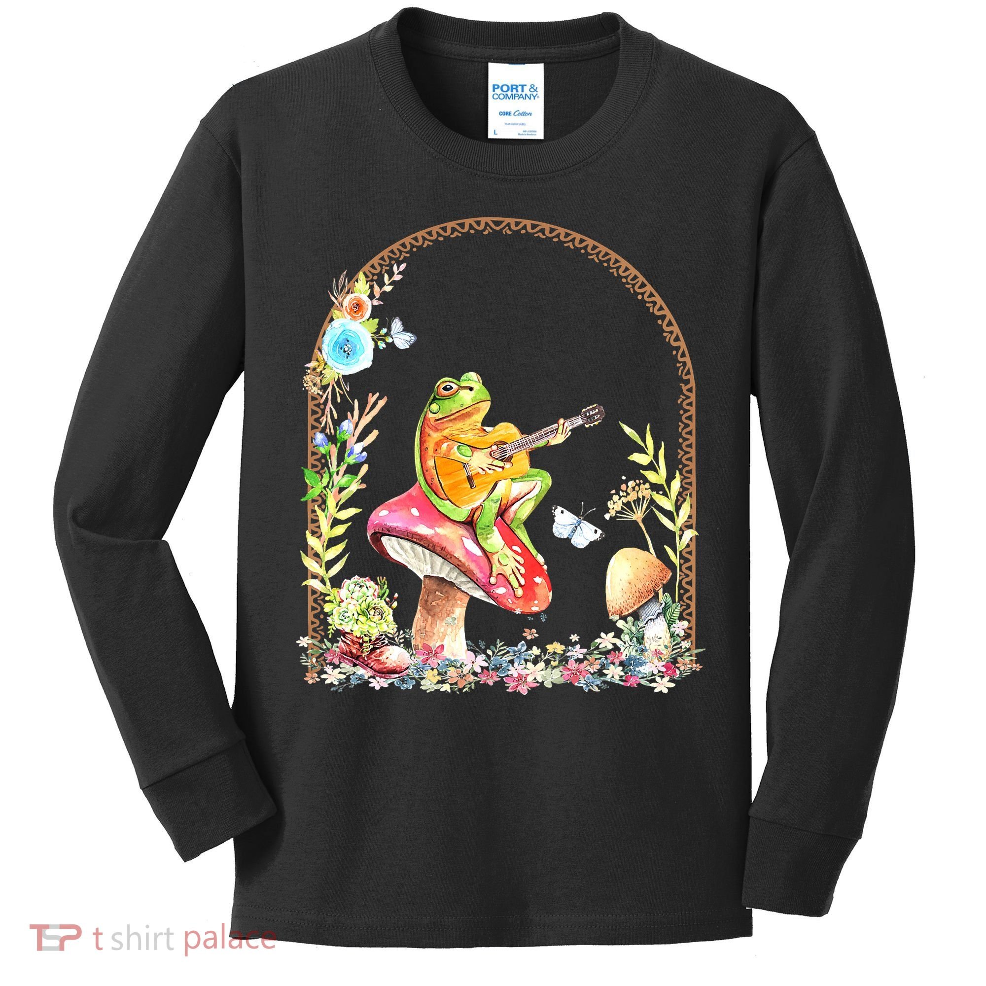 Aesthetic Frog Playing Guitar Mushroom Goblincore Kids Long Sleeve Shirt