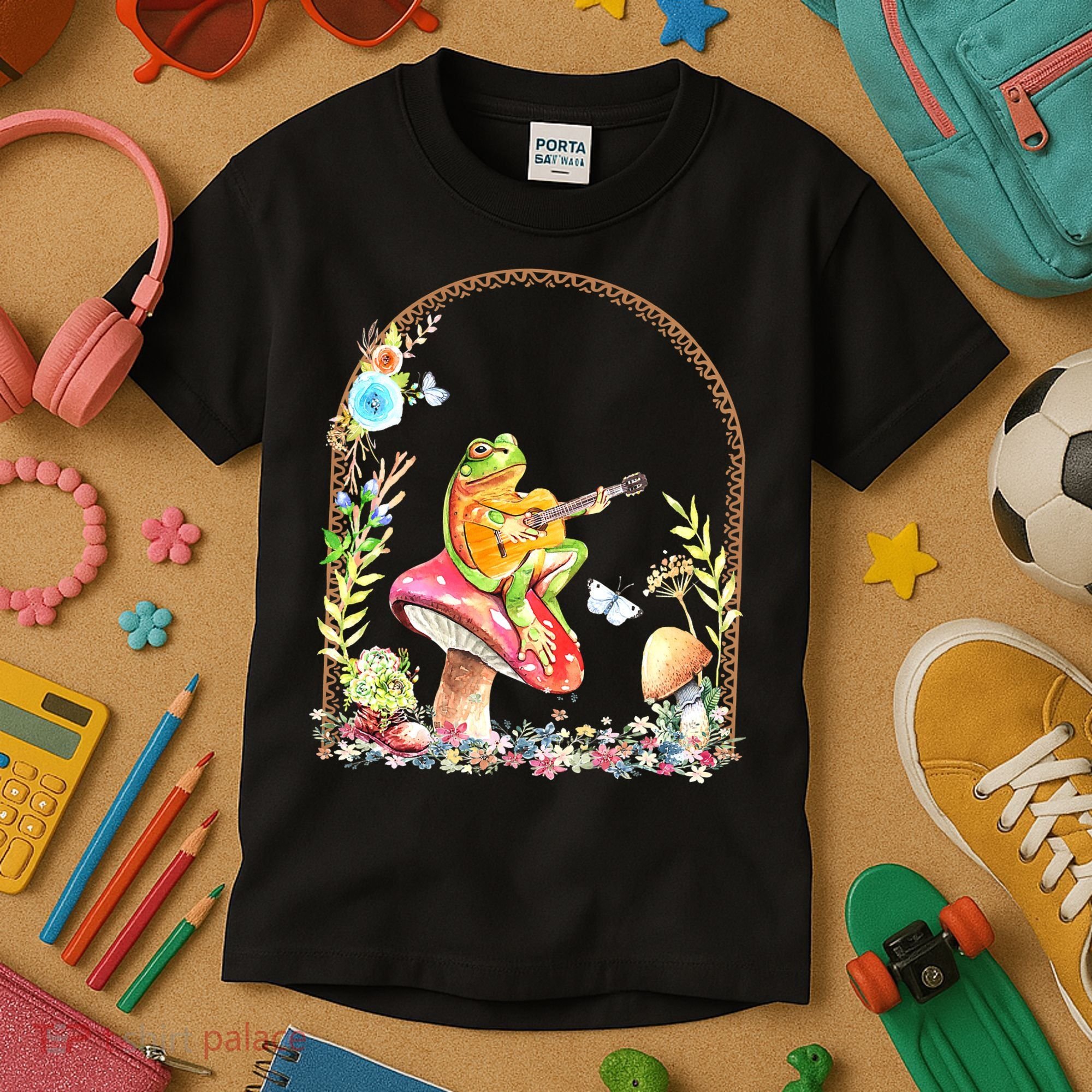 Aesthetic Frog Playing Guitar Mushroom Goblincore Kids T-Shirt