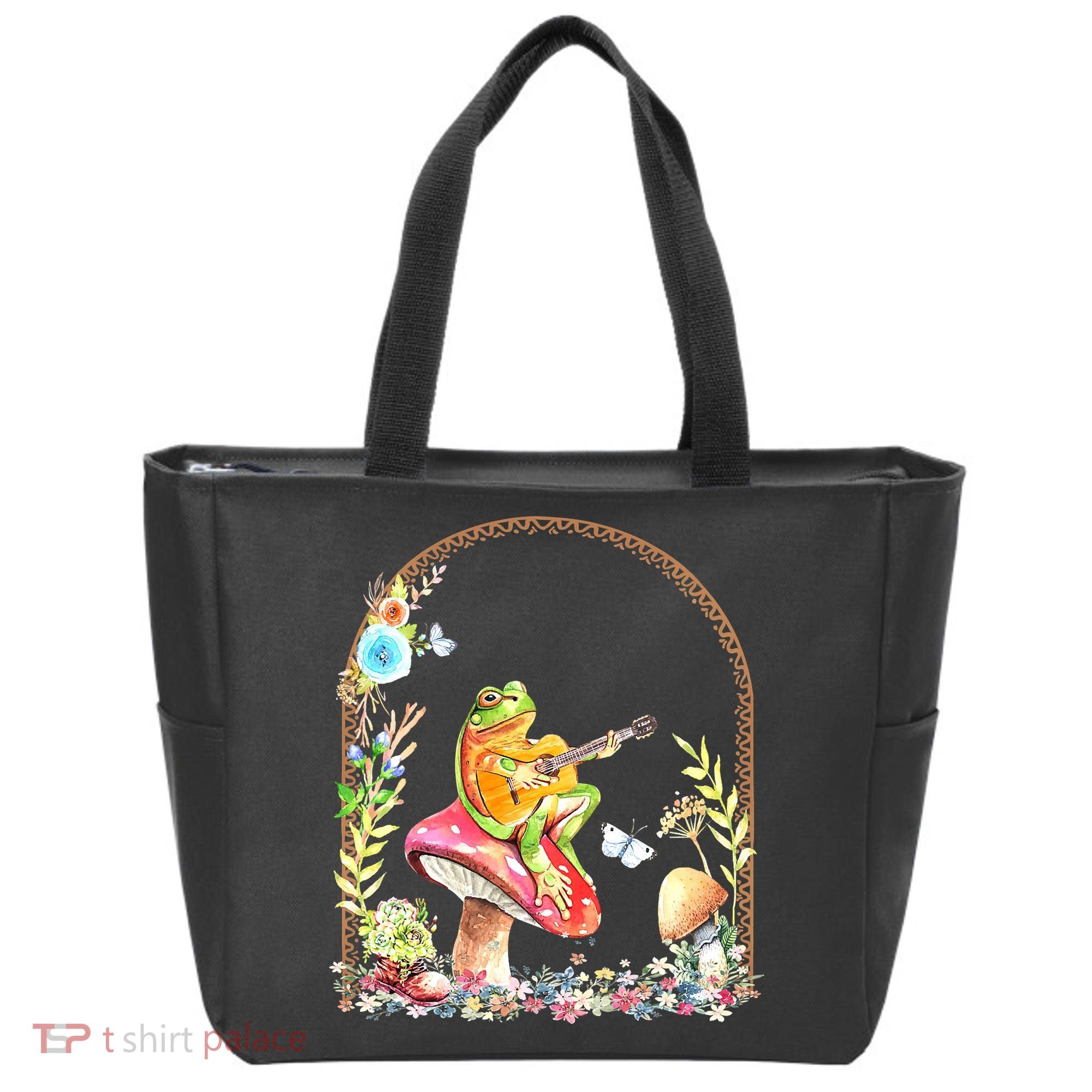 Aesthetic Frog Playing Guitar Mushroom Goblincore Tote Bag