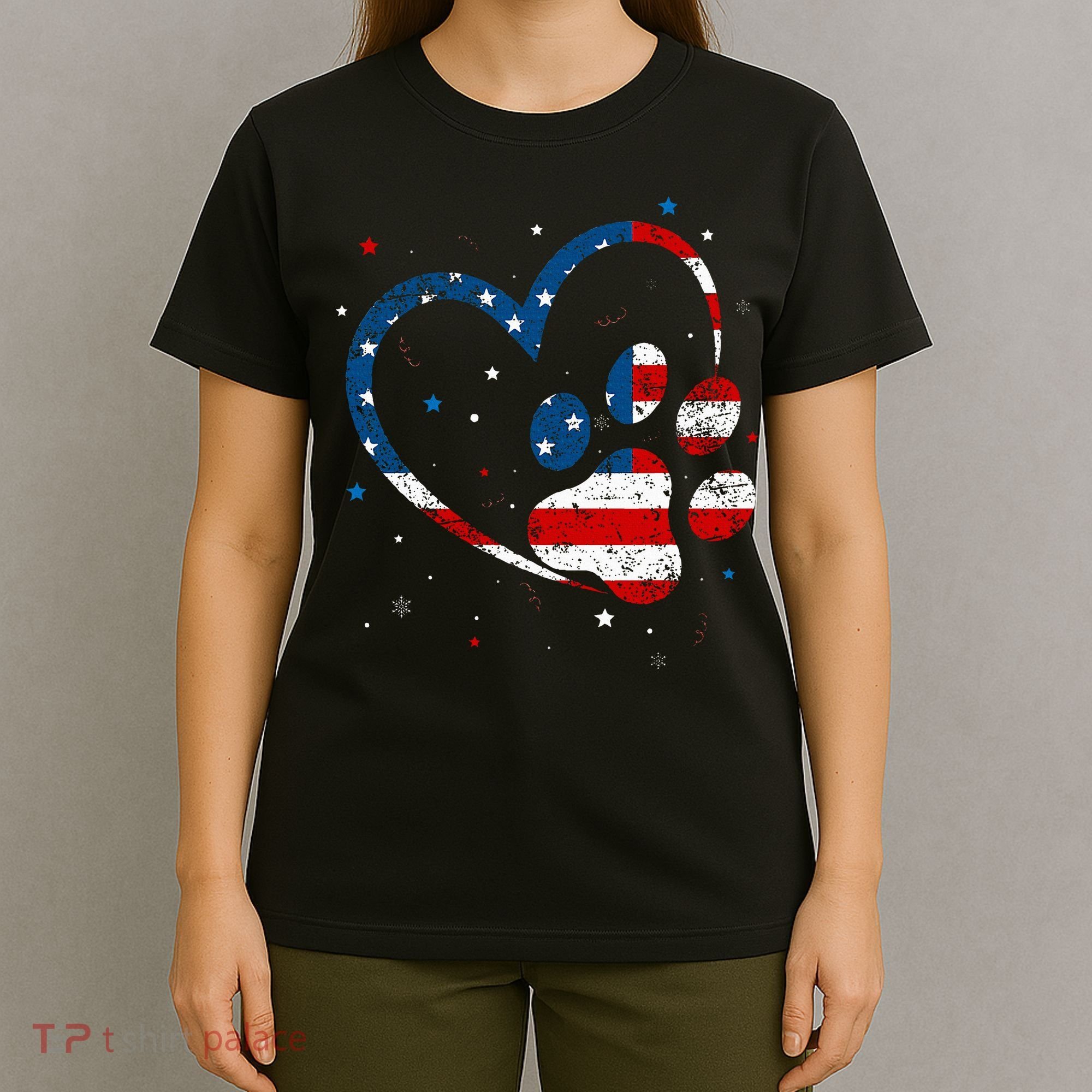 American Flag Patriotic Dog & Cat Paw Print 4th Of July T-Shirt