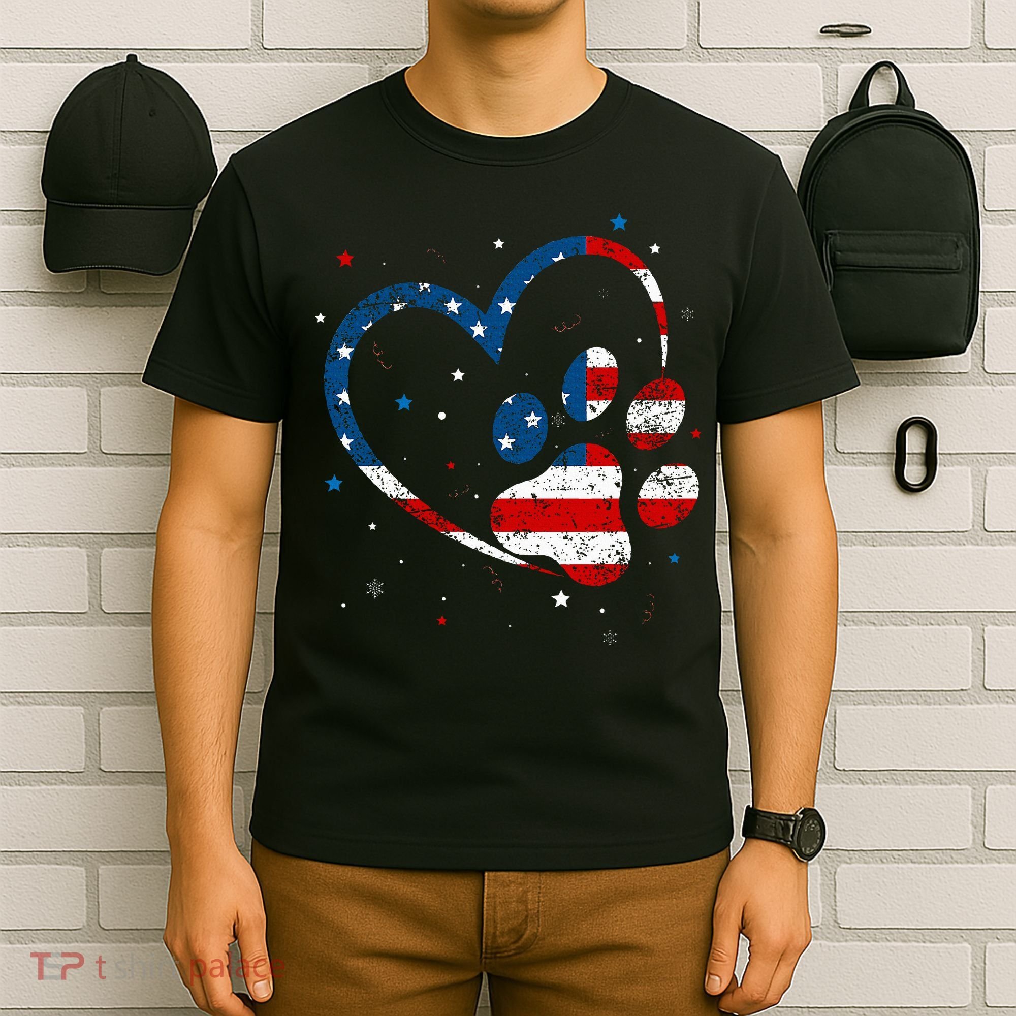 American Flag Patriotic Dog & Cat Paw Print 4th Of July T-Shirt
