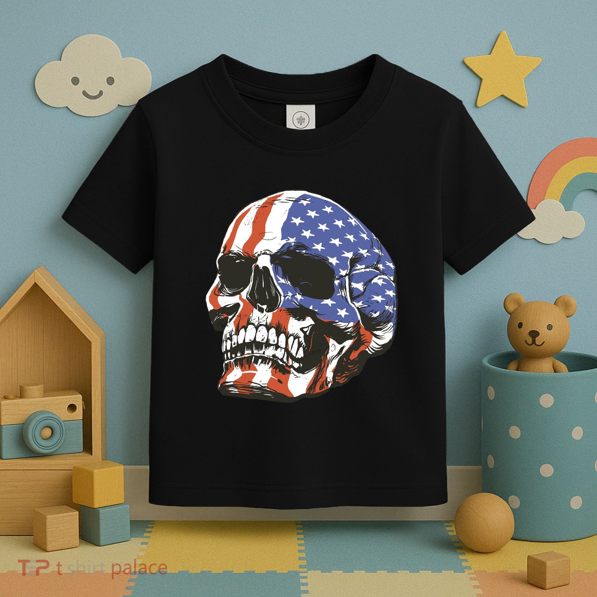 American Flag Patriotic Skull Toddler T-Shirt
