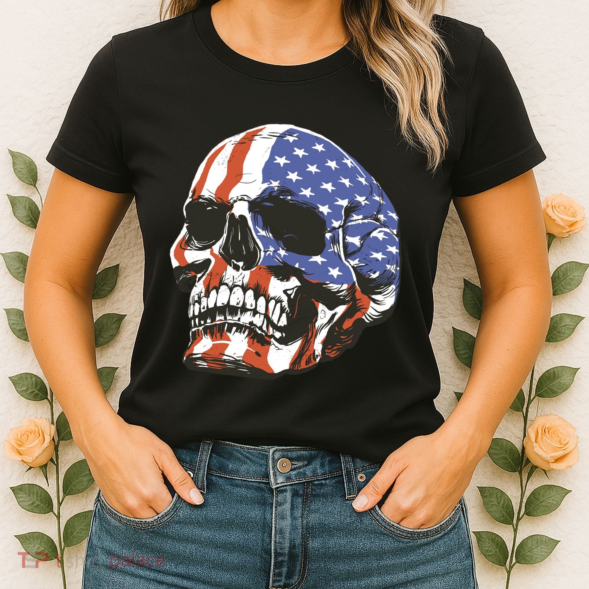 American Flag Patriotic Skull Women's T-Shirt