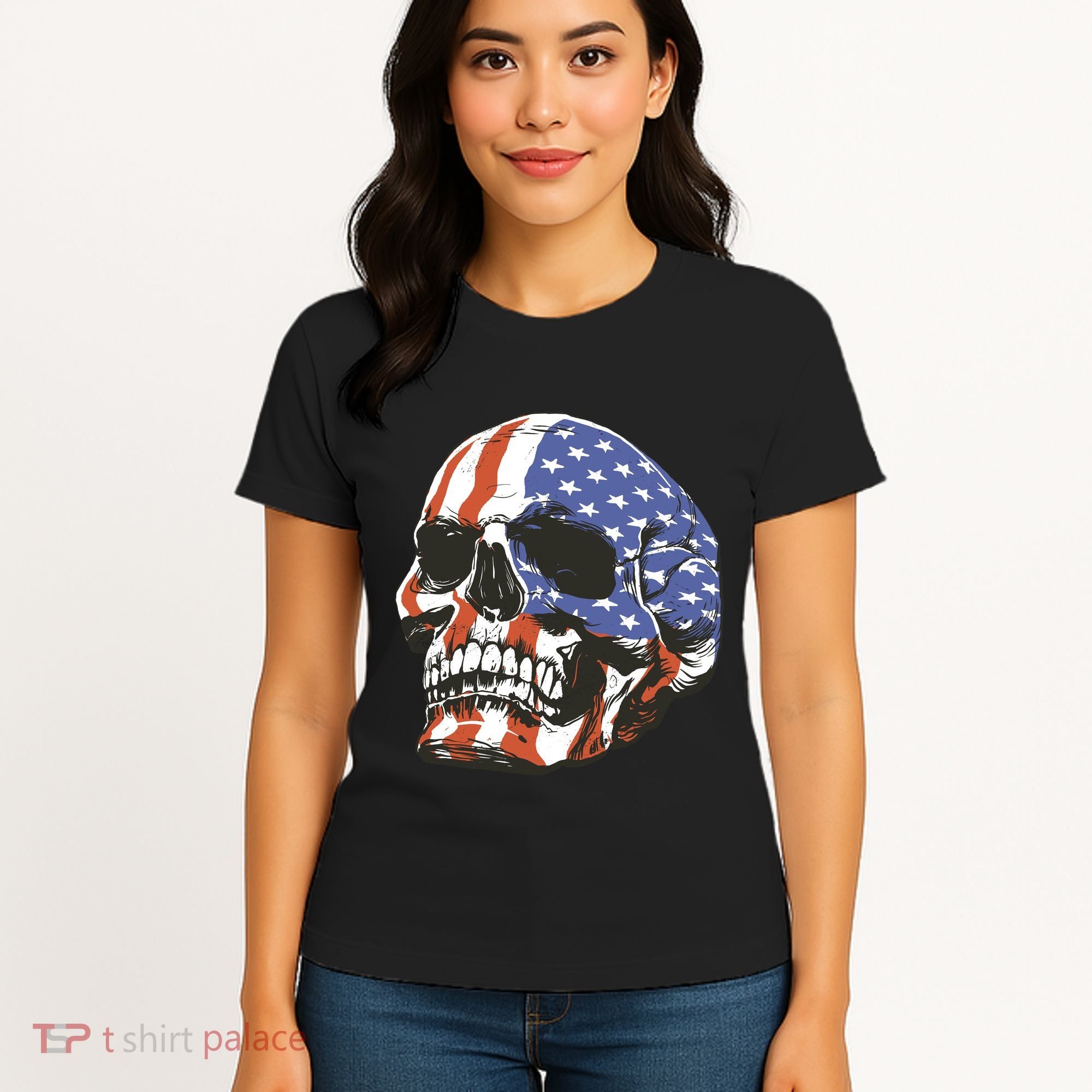 American Flag Patriotic Skull Women's T-Shirt