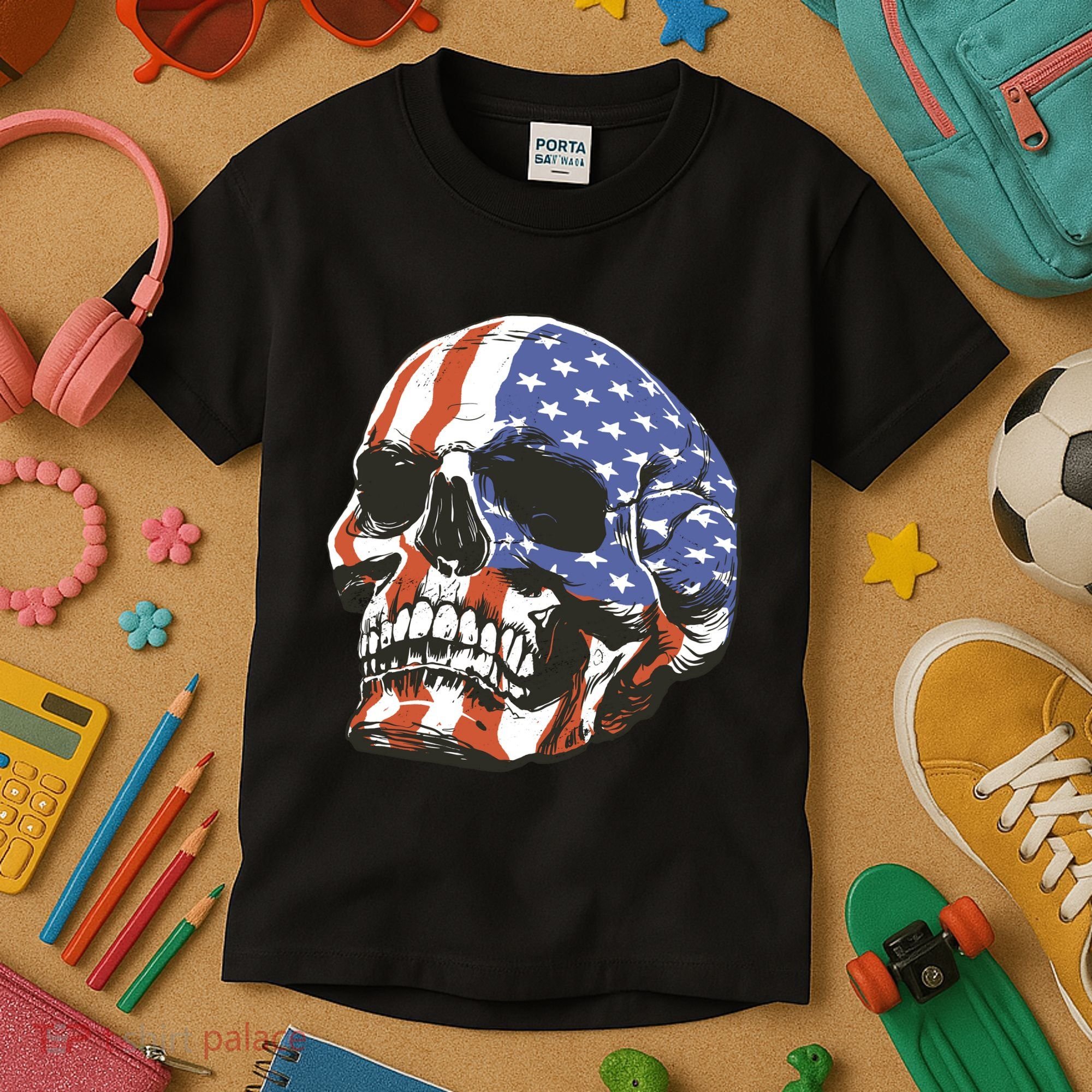American Flag Patriotic Skull Kids T-Shirt